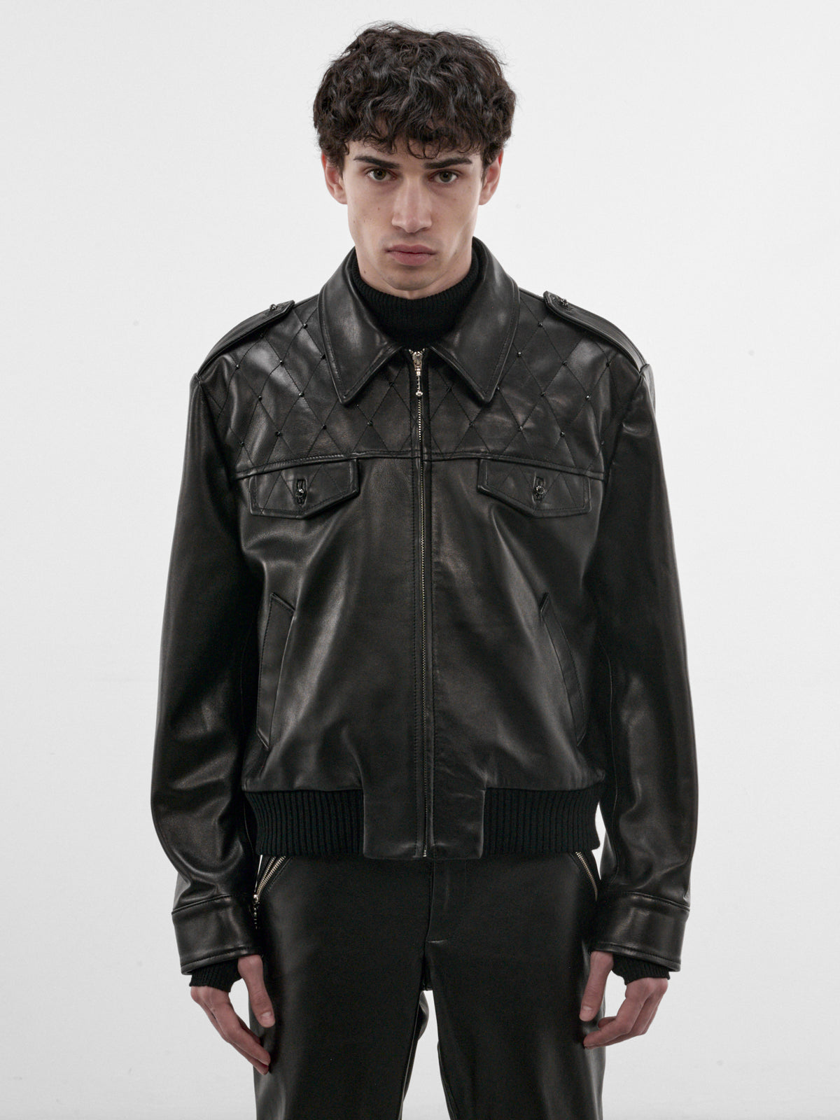 Black Crystal Leather Military Bomber (JA96LS-BLACK)