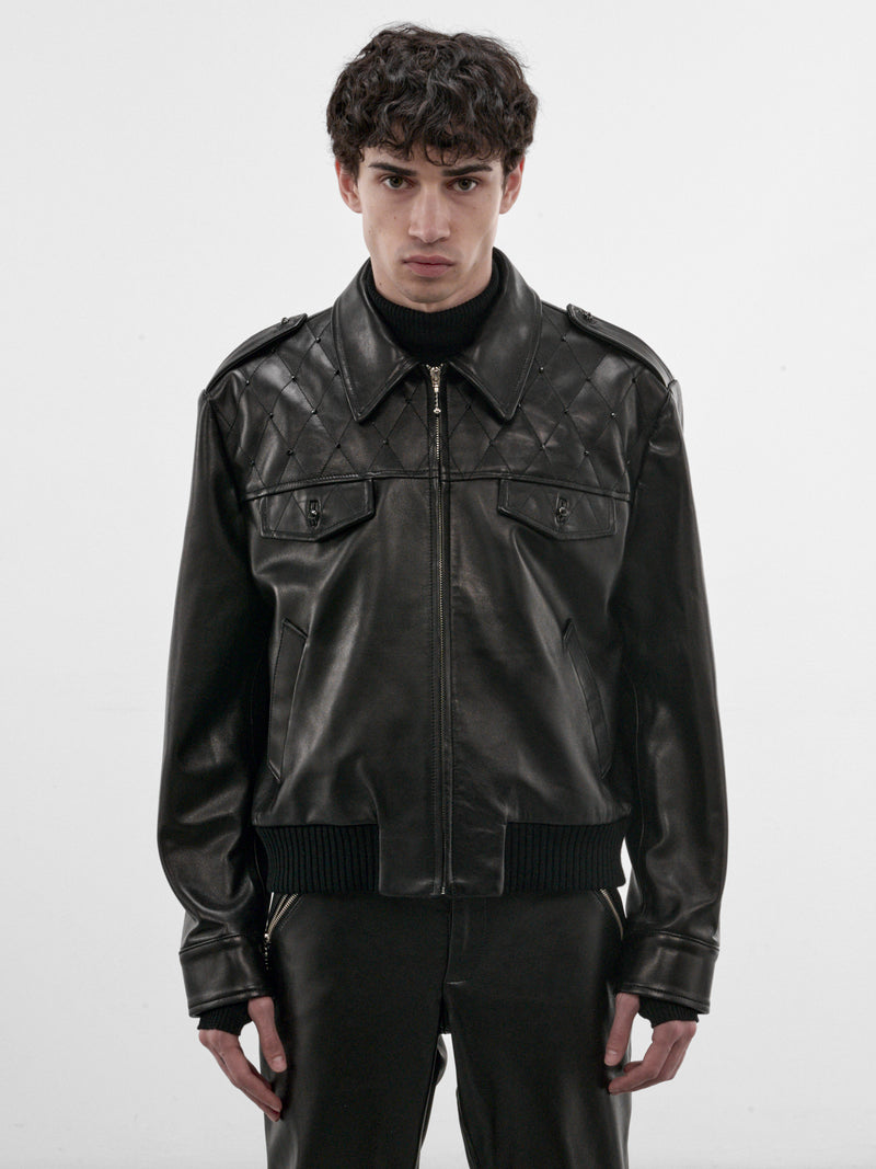 Black Crystal Leather Military Bomber (JA96LS-BLACK)