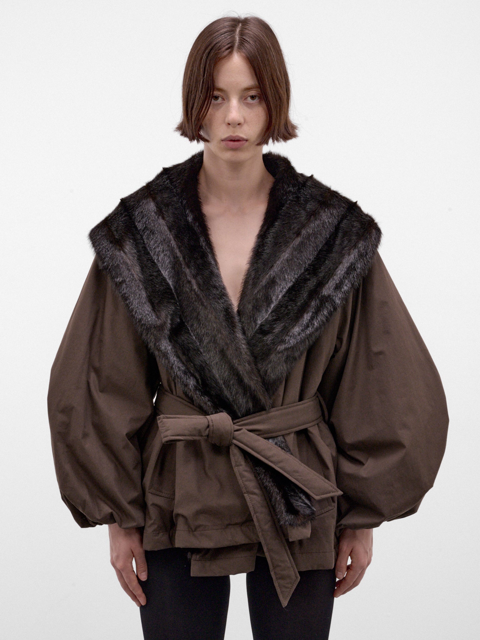 Brown Belted Fur Collar Jacket (JACKET-09-BROWN)