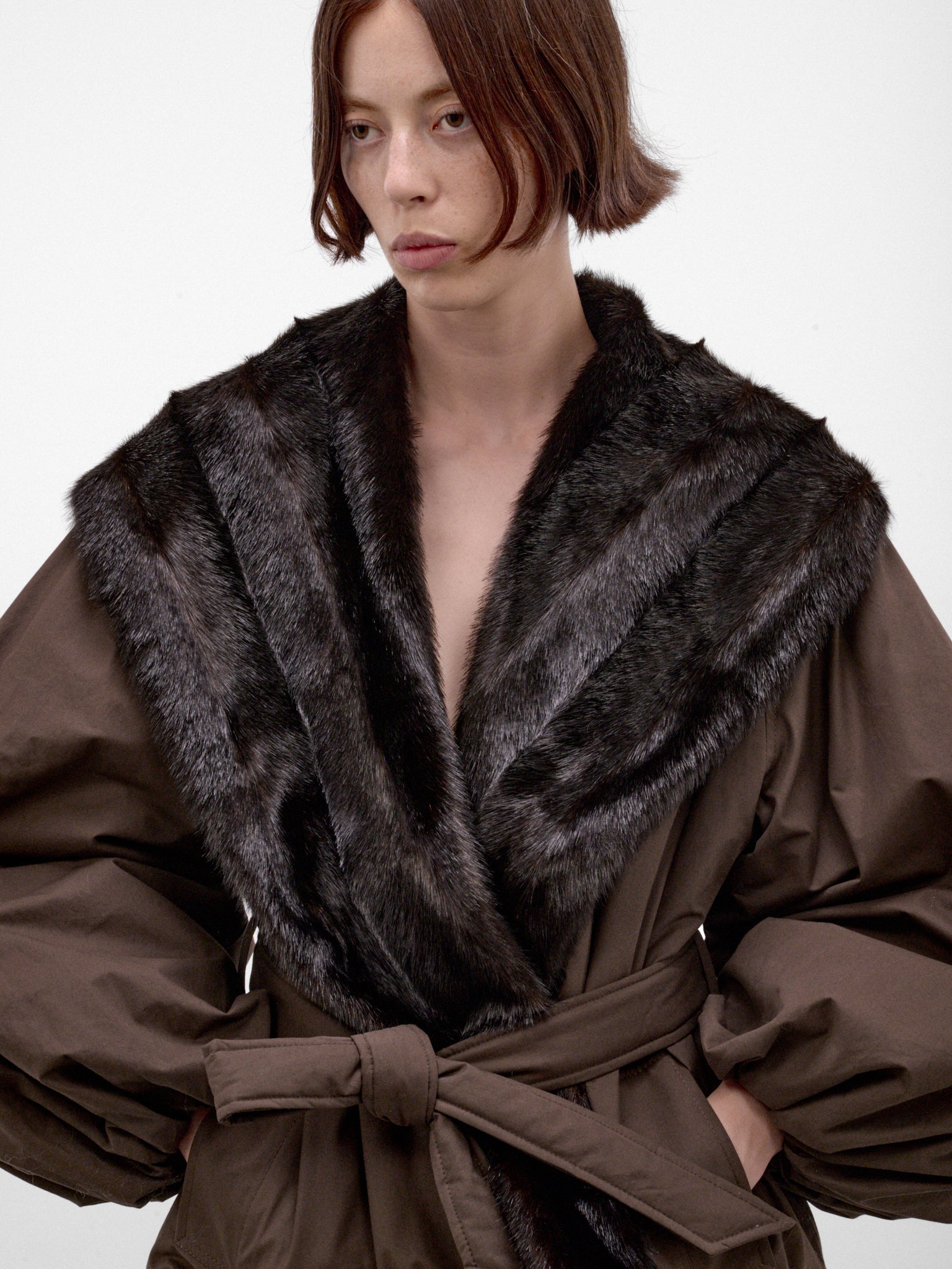 Brown Belted Fur Collar Jacket (JACKET-09-BROWN)