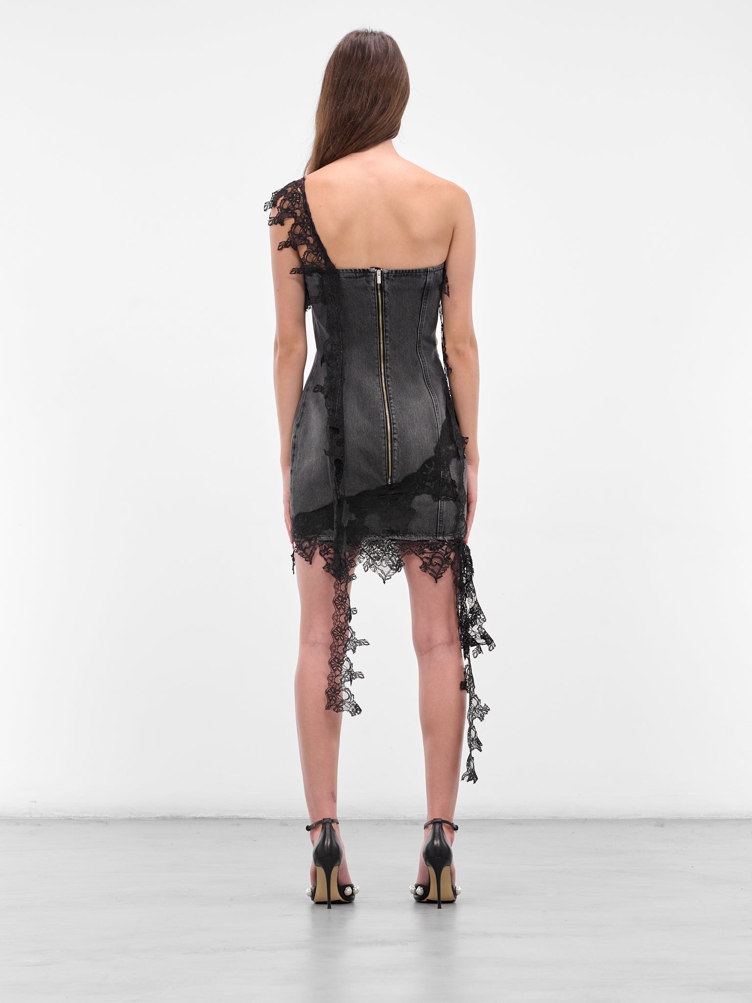Blumarine Woman Mini Denim Dress With Lace Grey 42 Blumarine Woman Mini Denim Dress With Lace Grey 42