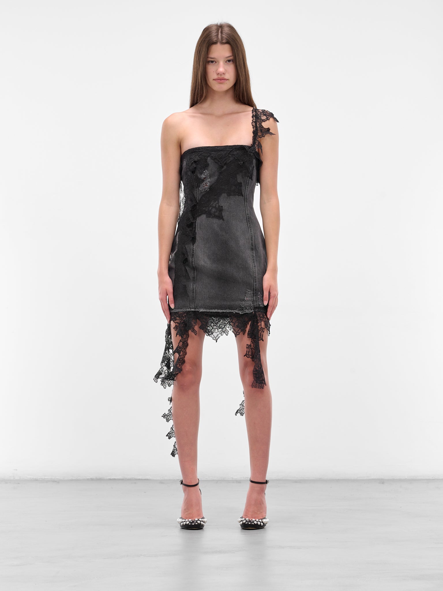 gunmetal lace dress Blumarine Woman Mini Denim Dress With Lace Grey 42