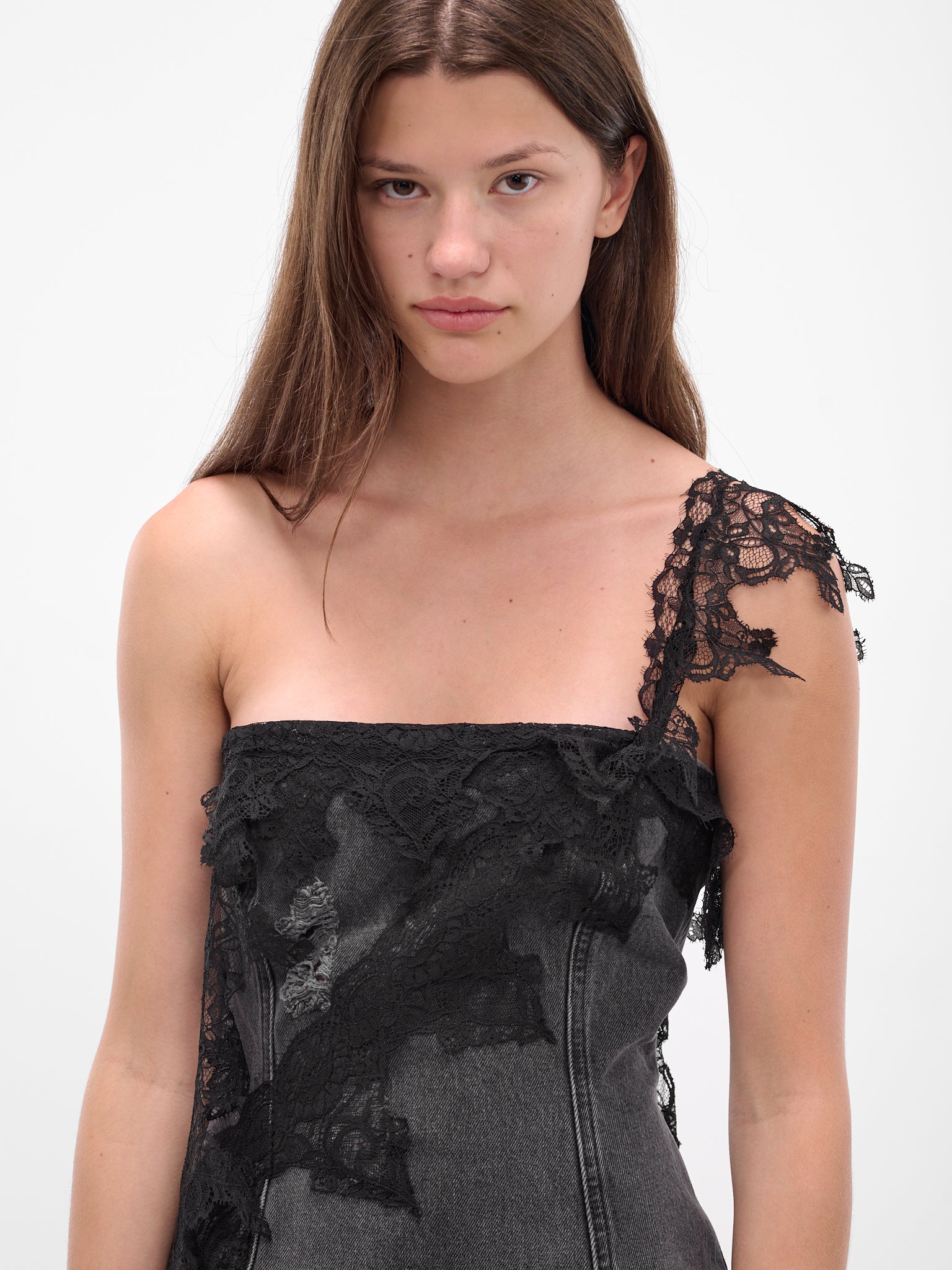 Blumarine Woman Mini Denim Dress with Lace Grey 42 Blumarine Woman Mini Denim Dress with Lace Grey 42