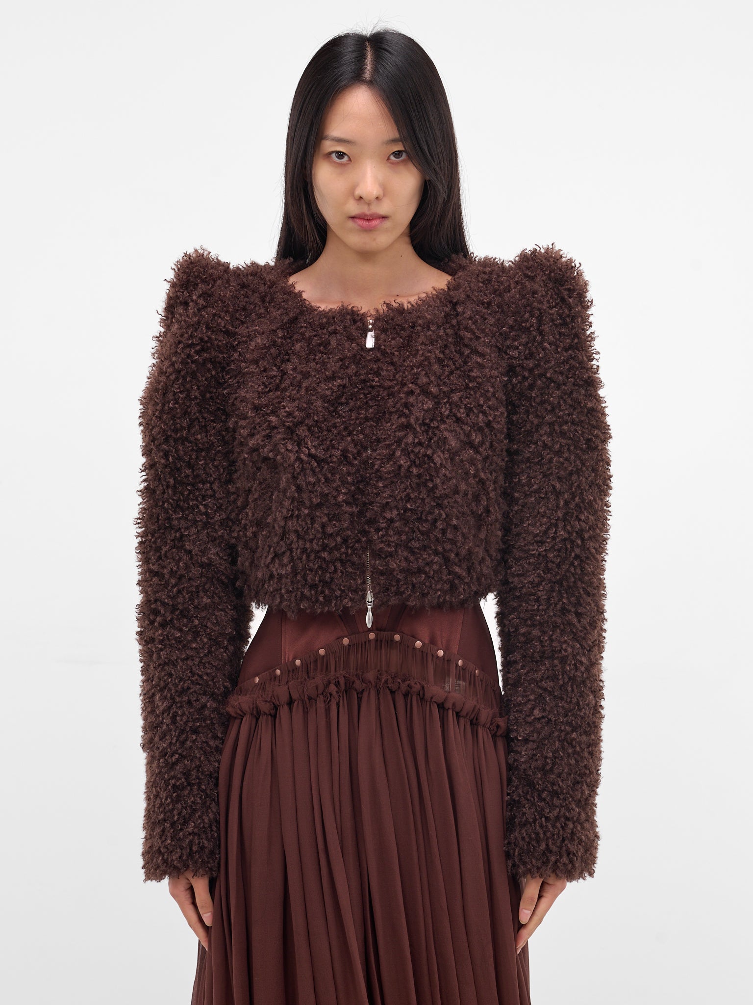 Teddy Pointed Shoulders Cropped Jacket (JK13P1BR440-COFFEE)