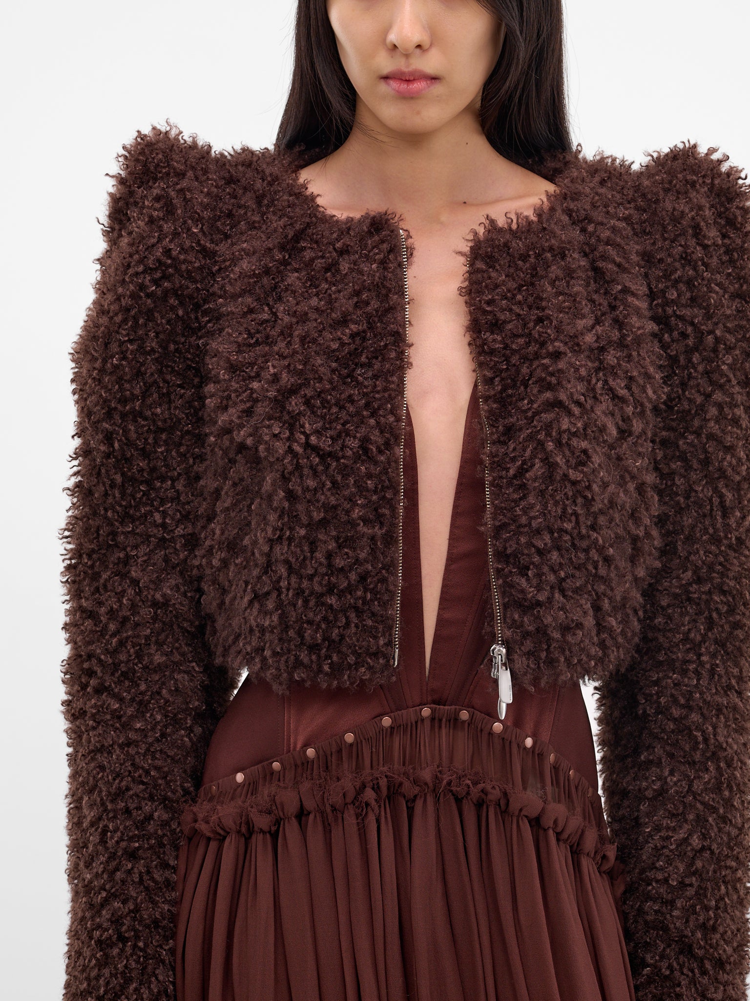 Teddy Pointed Shoulders Cropped Jacket (JK13P1BR440-COFFEE)