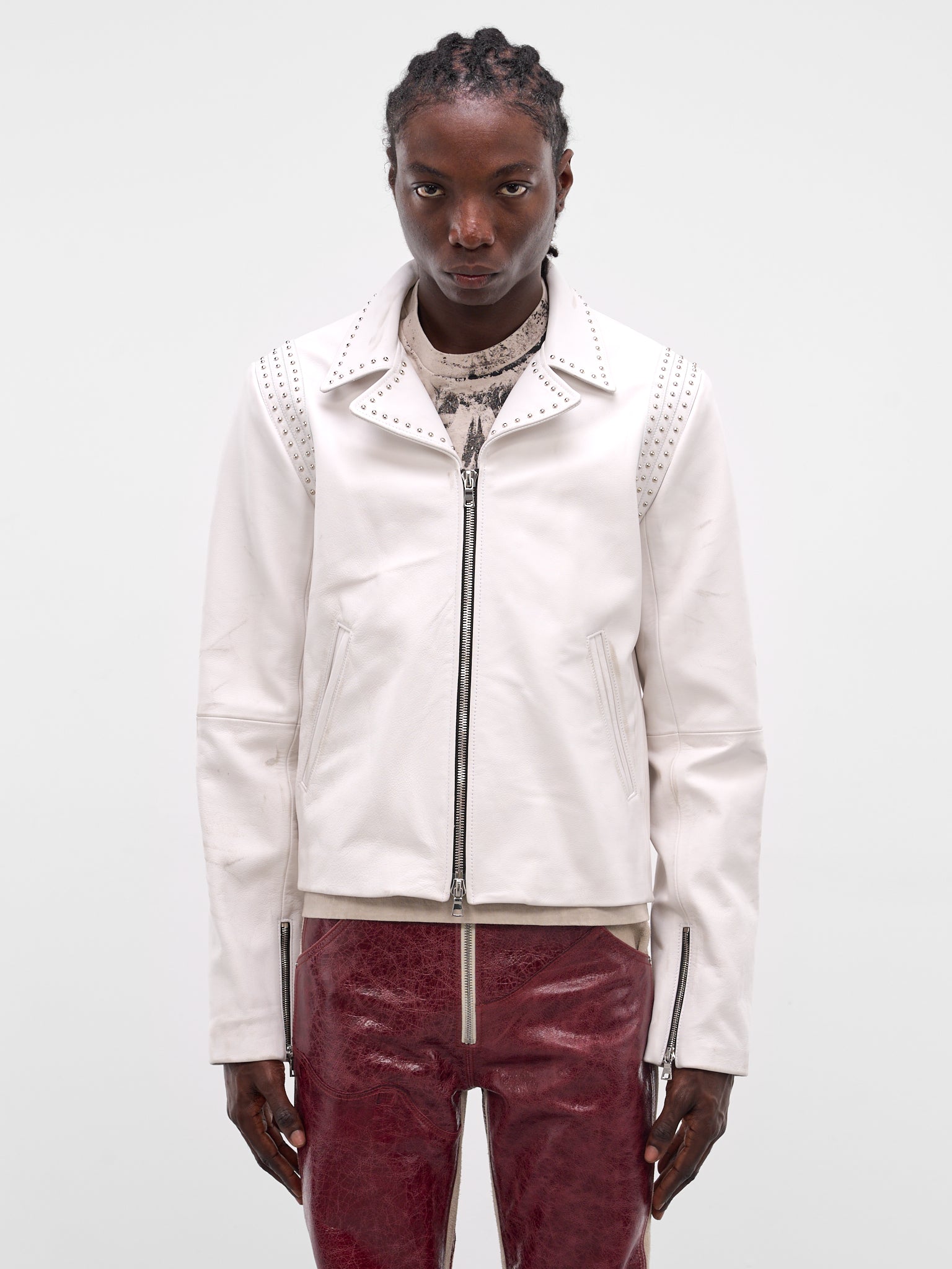 White Leather Outlaw Studded Jacket (JKT02-WHITE)