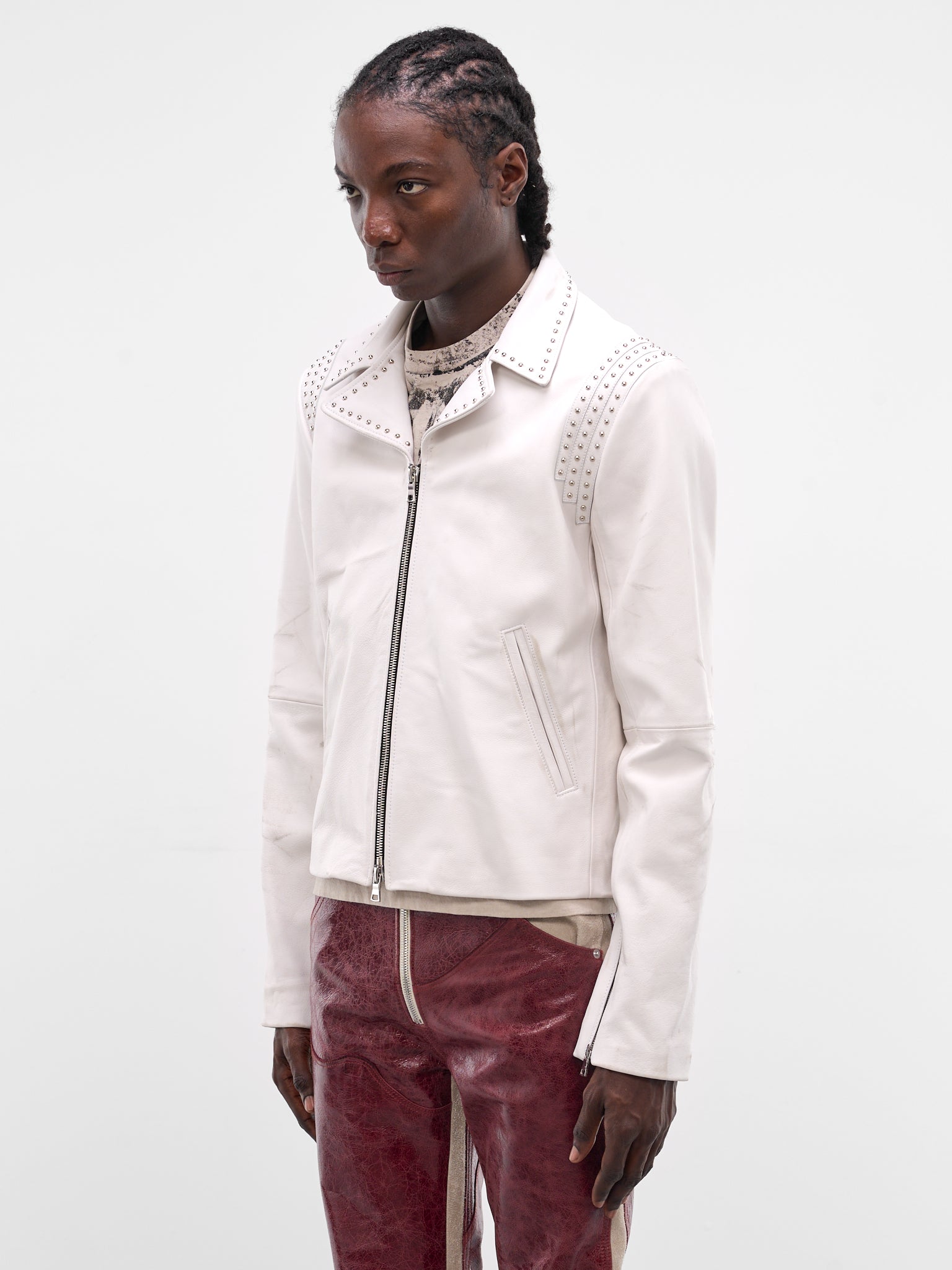 White Leather Outlaw Studded Jacket (JKT02-WHITE)