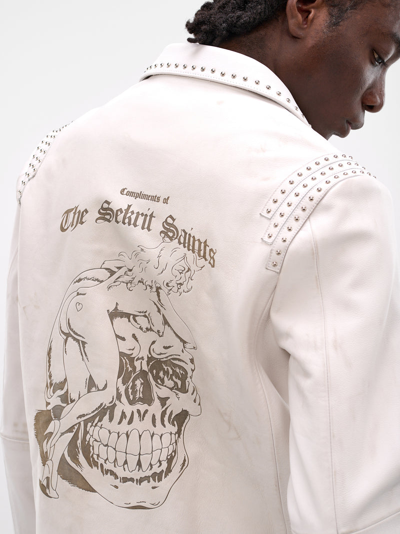 White Leather Outlaw Studded Jacket (JKT02-WHITE)