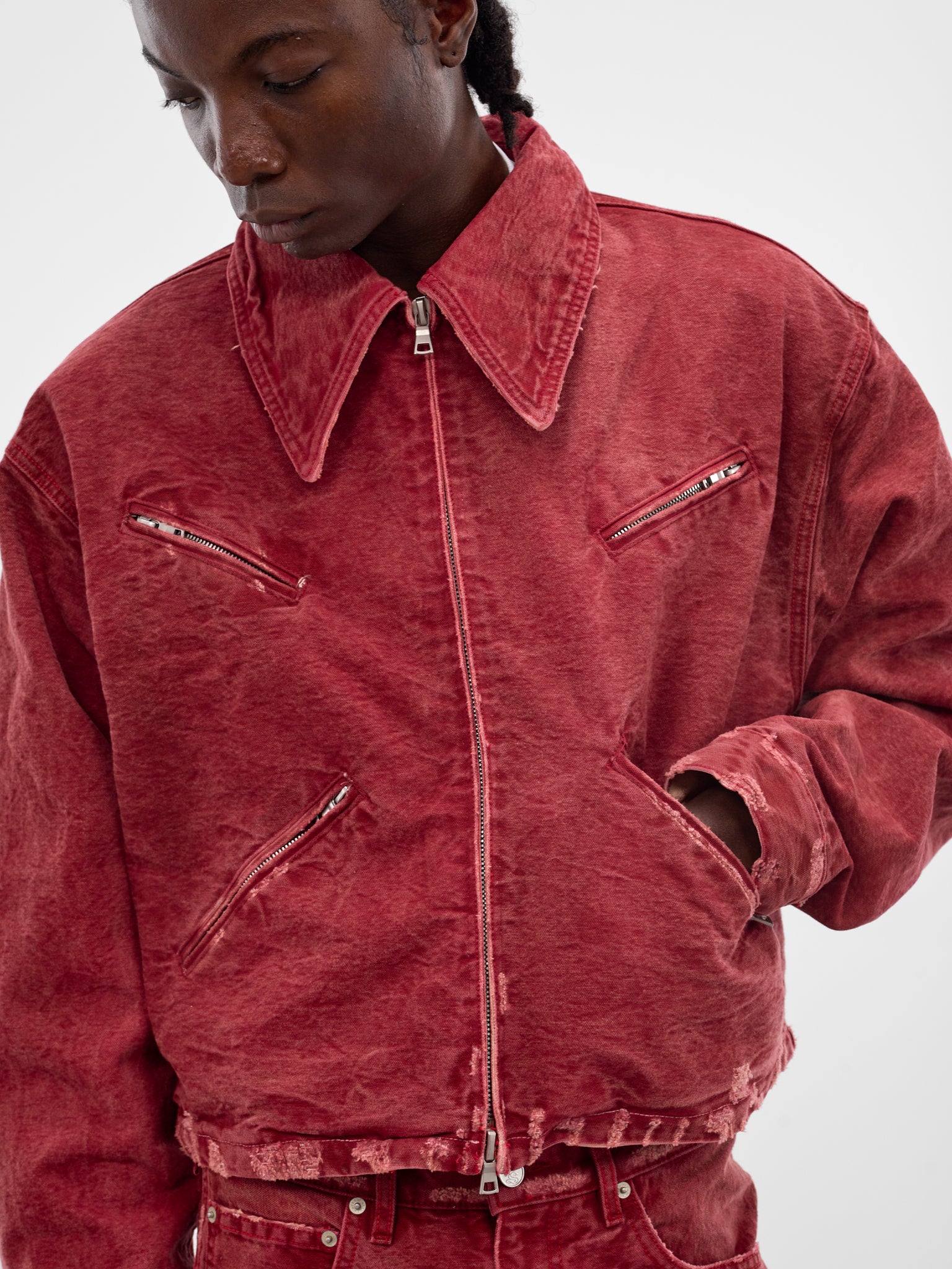 Red Distressed X Denim Jacket (JKT04-RED)
