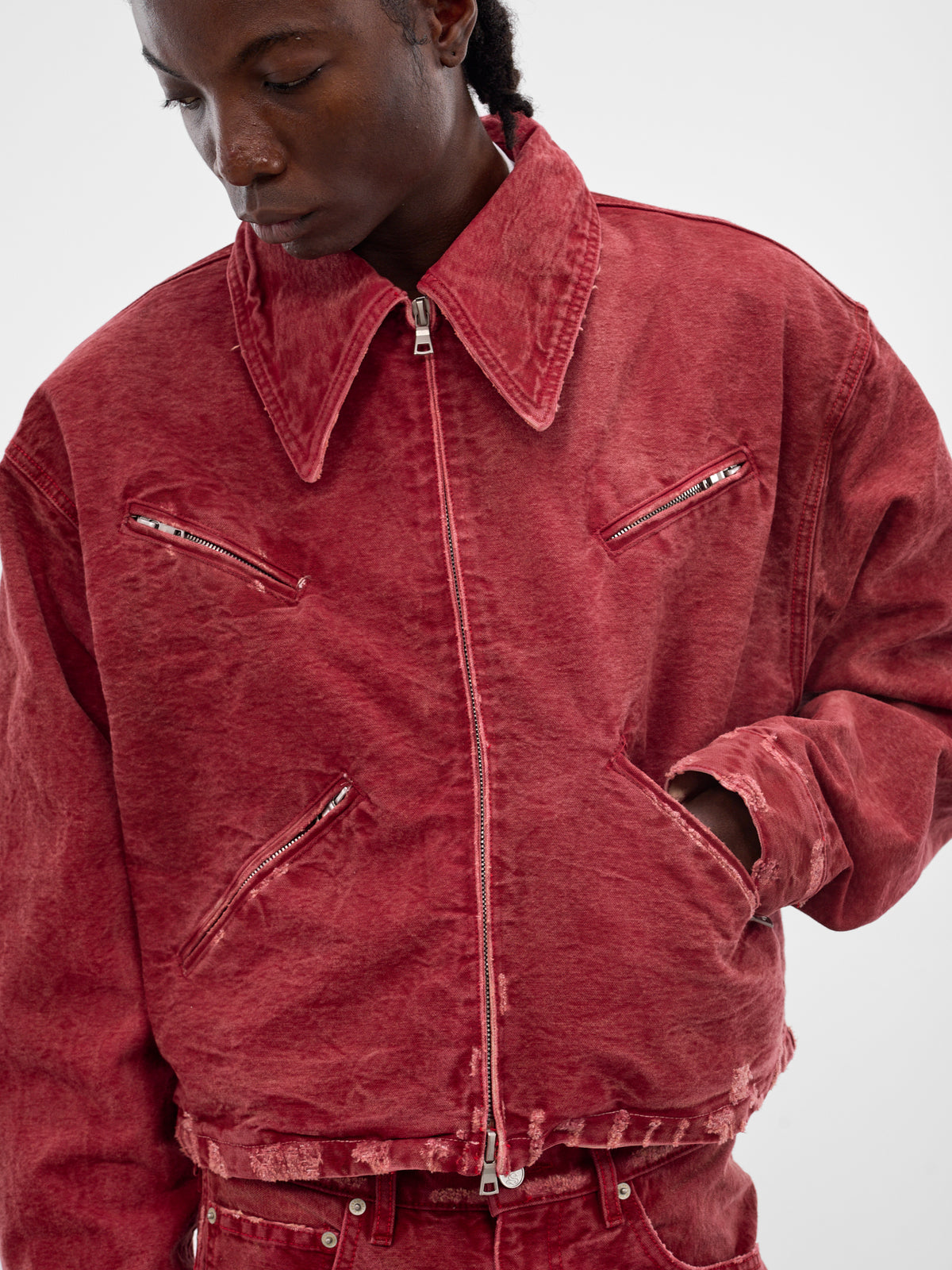 Red Distressed X Denim Jacket (JKT04-RED)