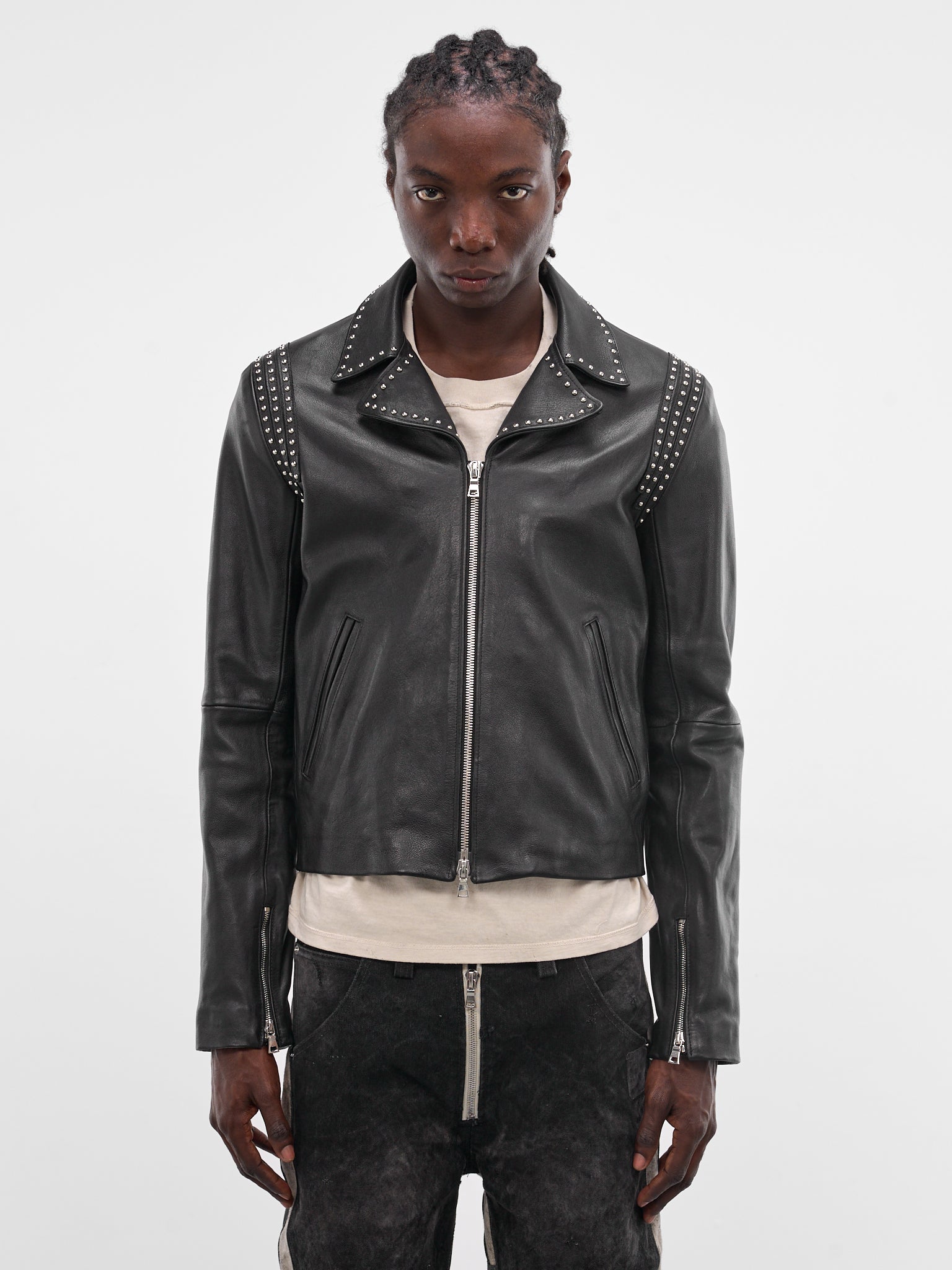 Black Leather Studded Slim Jacket (JKT09-BLACK)