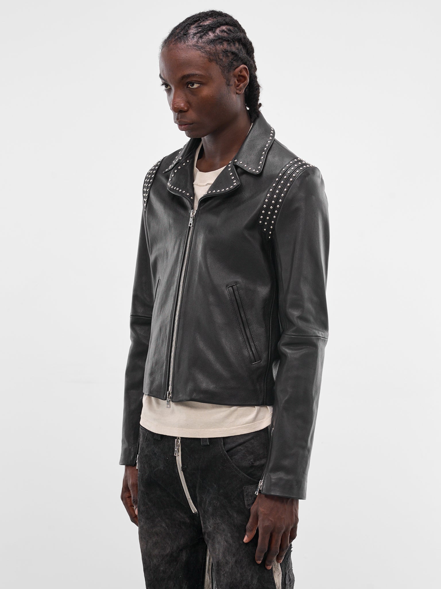 Black Leather Studded Slim Jacket (JKT09-BLACK)