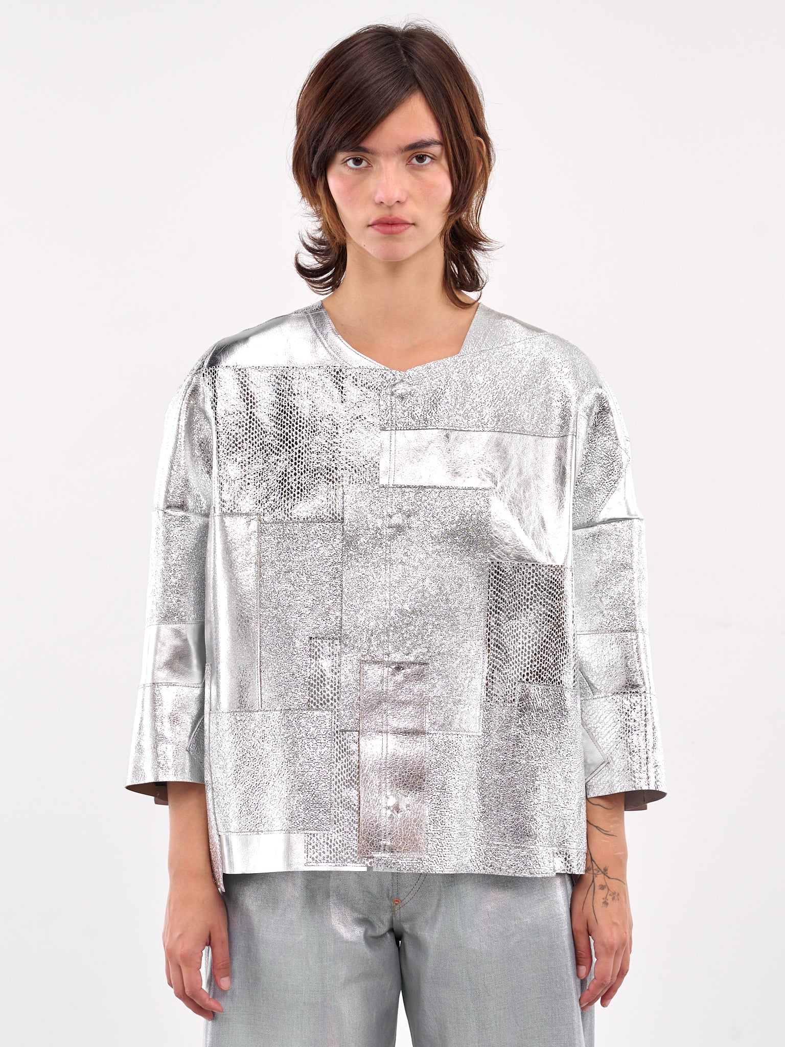 Leather Patchwork Reflective Jacket (JO-J007-SILVER)