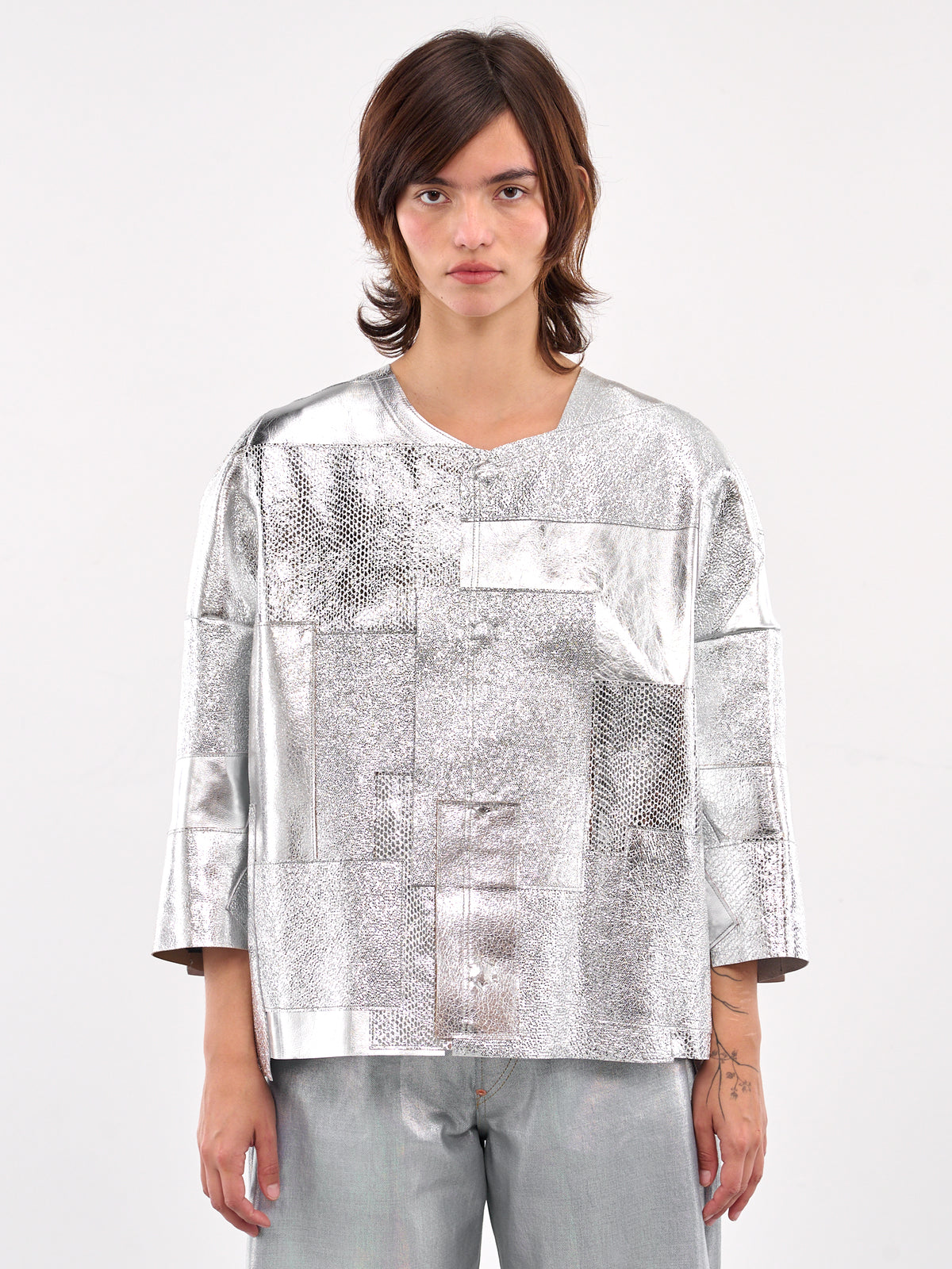 Leather Patchwork Reflective Jacket (JO-J007-SILVER)