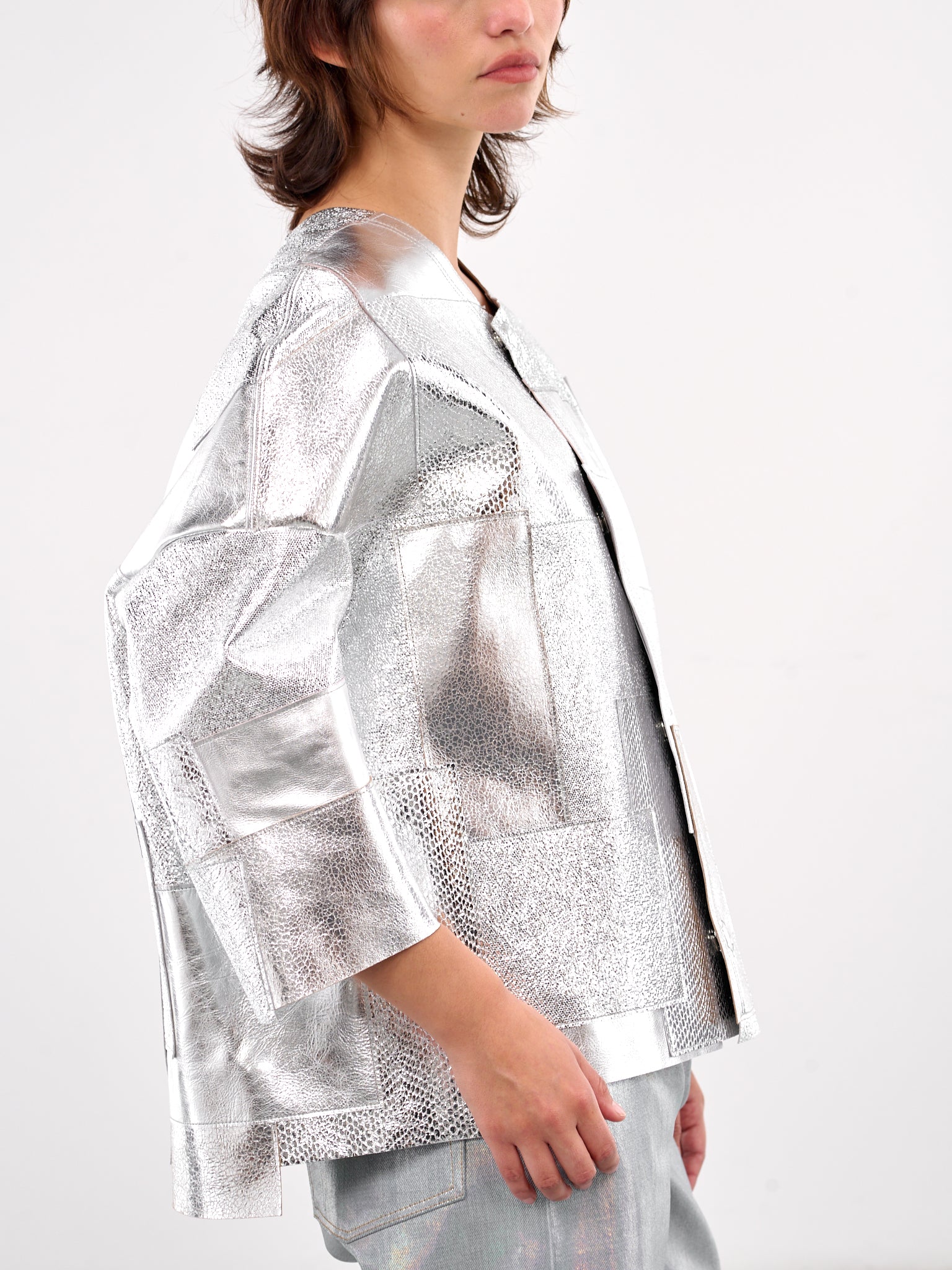 Leather Patchwork Reflective Jacket (JO-J007-SILVER)