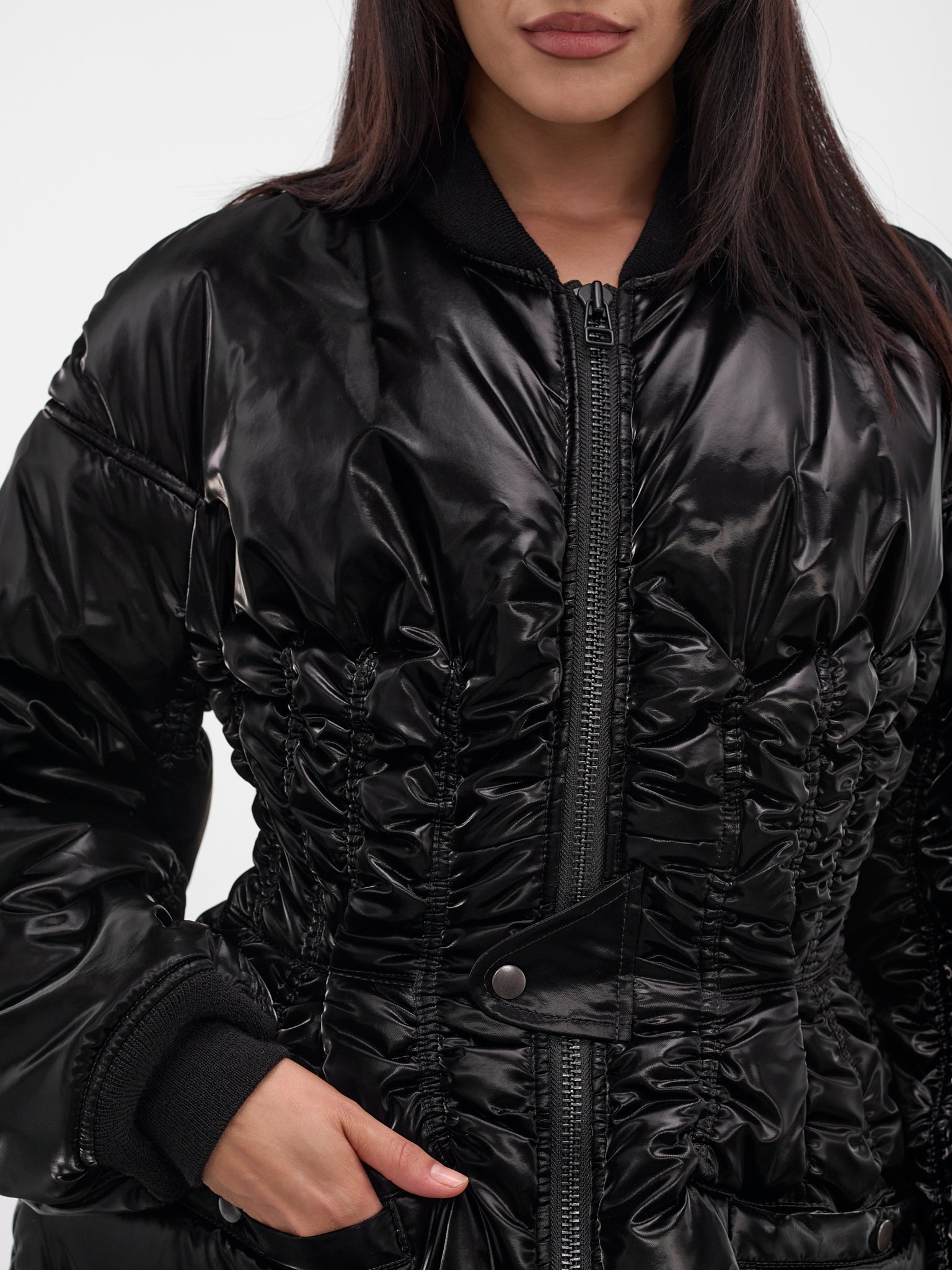 Black Ruched Bomber Puffer Jacket (JP-J004-W25-BLACK)