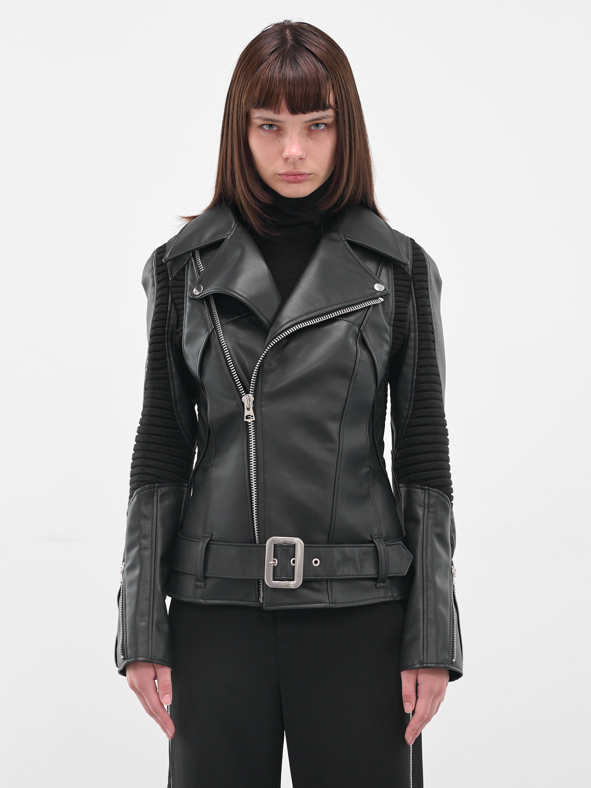 Black Rib Panel Biker Jacket (JP-J007-051-1-BLACK)