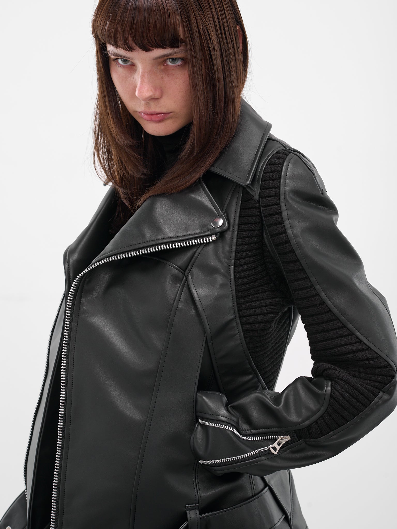 Black Rib Panel Biker Jacket (JP-J007-051-1-BLACK)