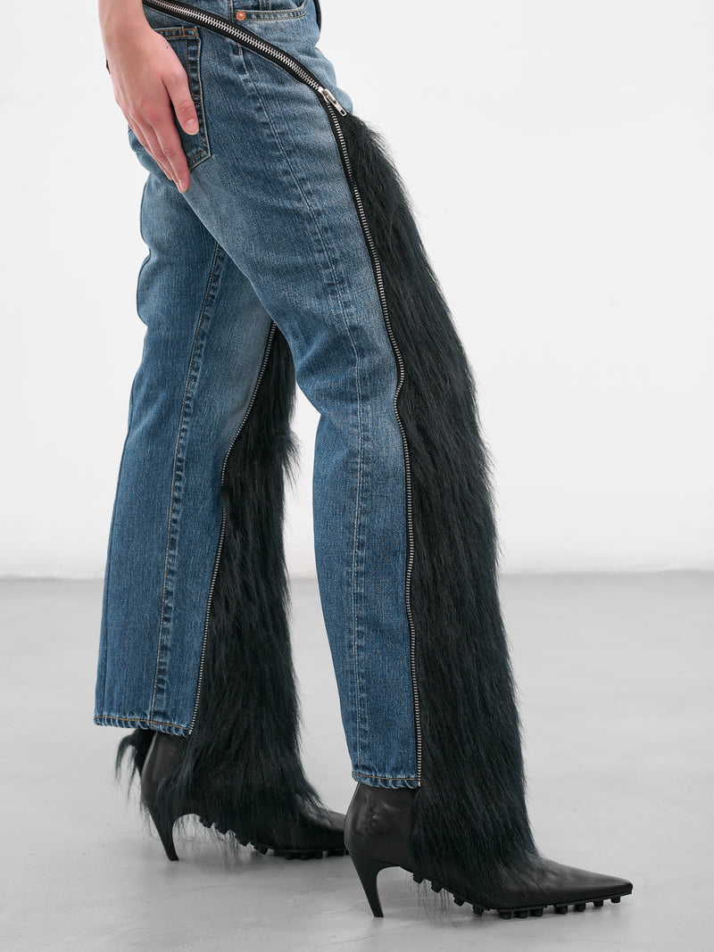 Denim & Fur Paneled Flare Jeans (JP-P201-051-1-INDIGO-BLACK)