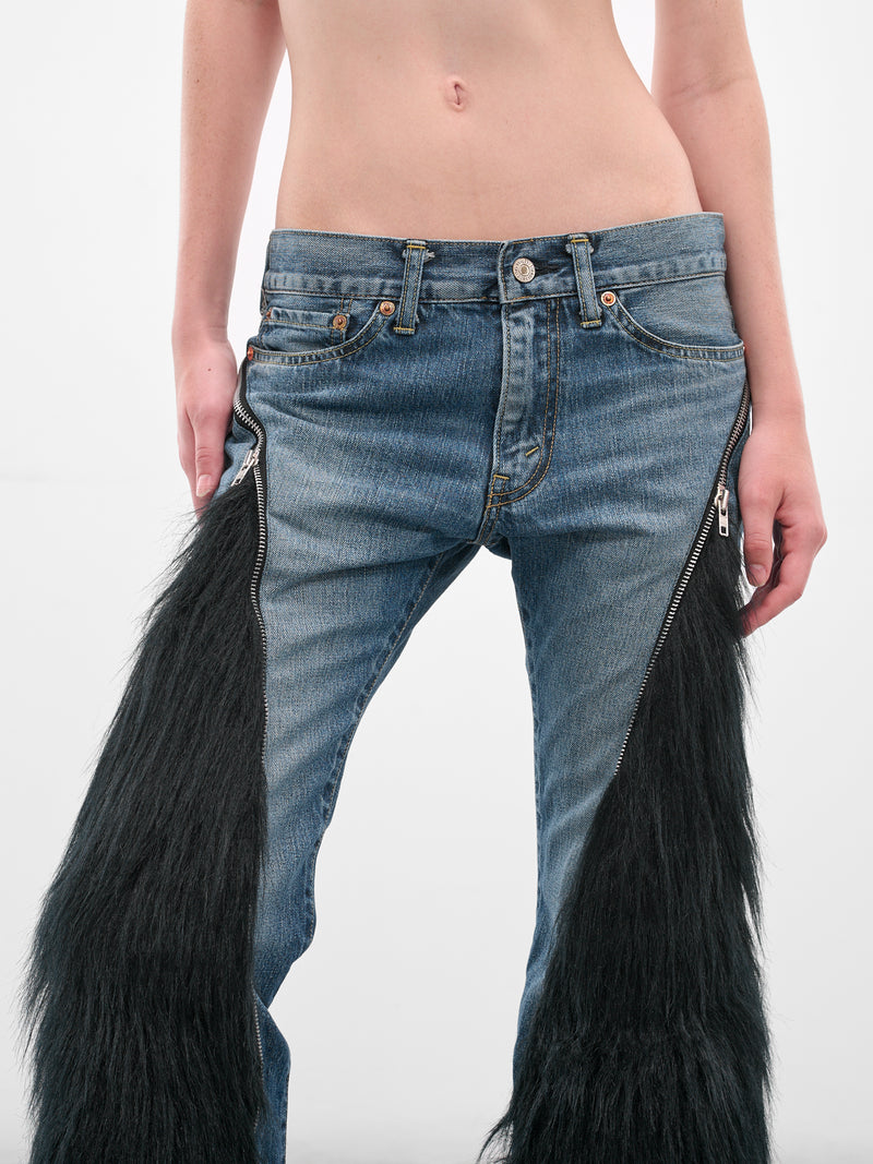 Denim & Fur Paneled Flare Jeans (JP-P201-051-1-INDIGO-BLACK)