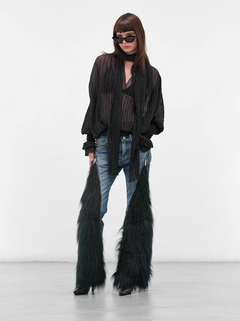 Denim & Fur Paneled Flare Jeans (JP-P201-051-1-INDIGO-BLACK)