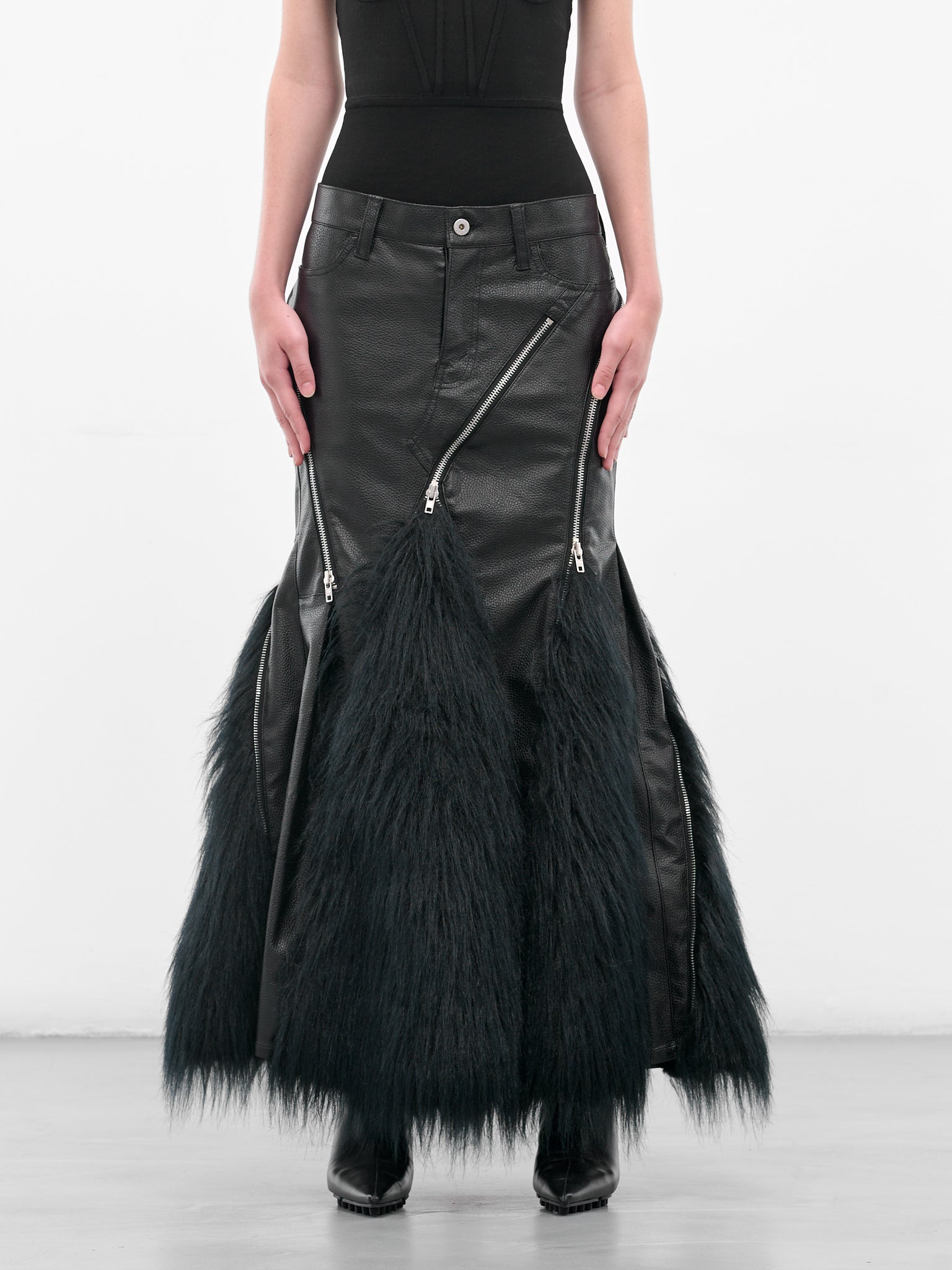Black Leather & Fur Mermaid Skirt (JP-S003-051-1-BLACK)
