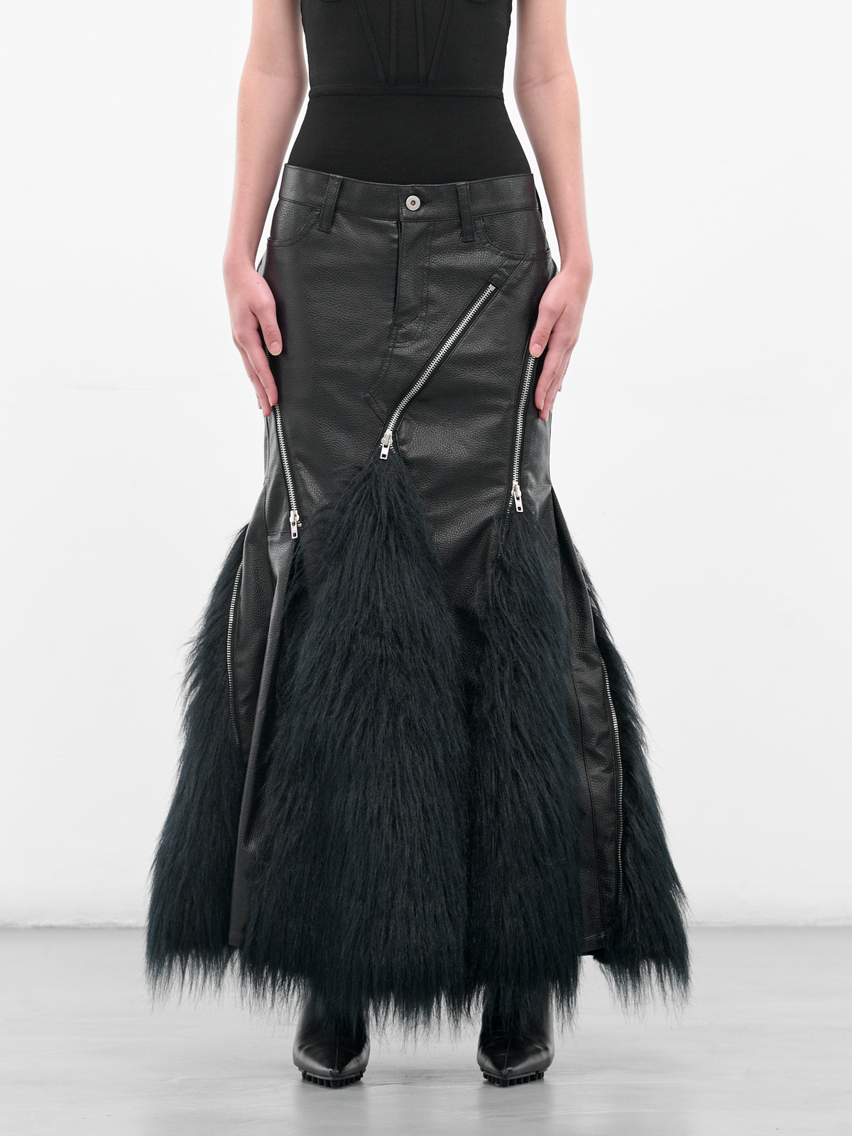 Black Leather & Fur Mermaid Skirt (JP-S003-051-1-BLACK)