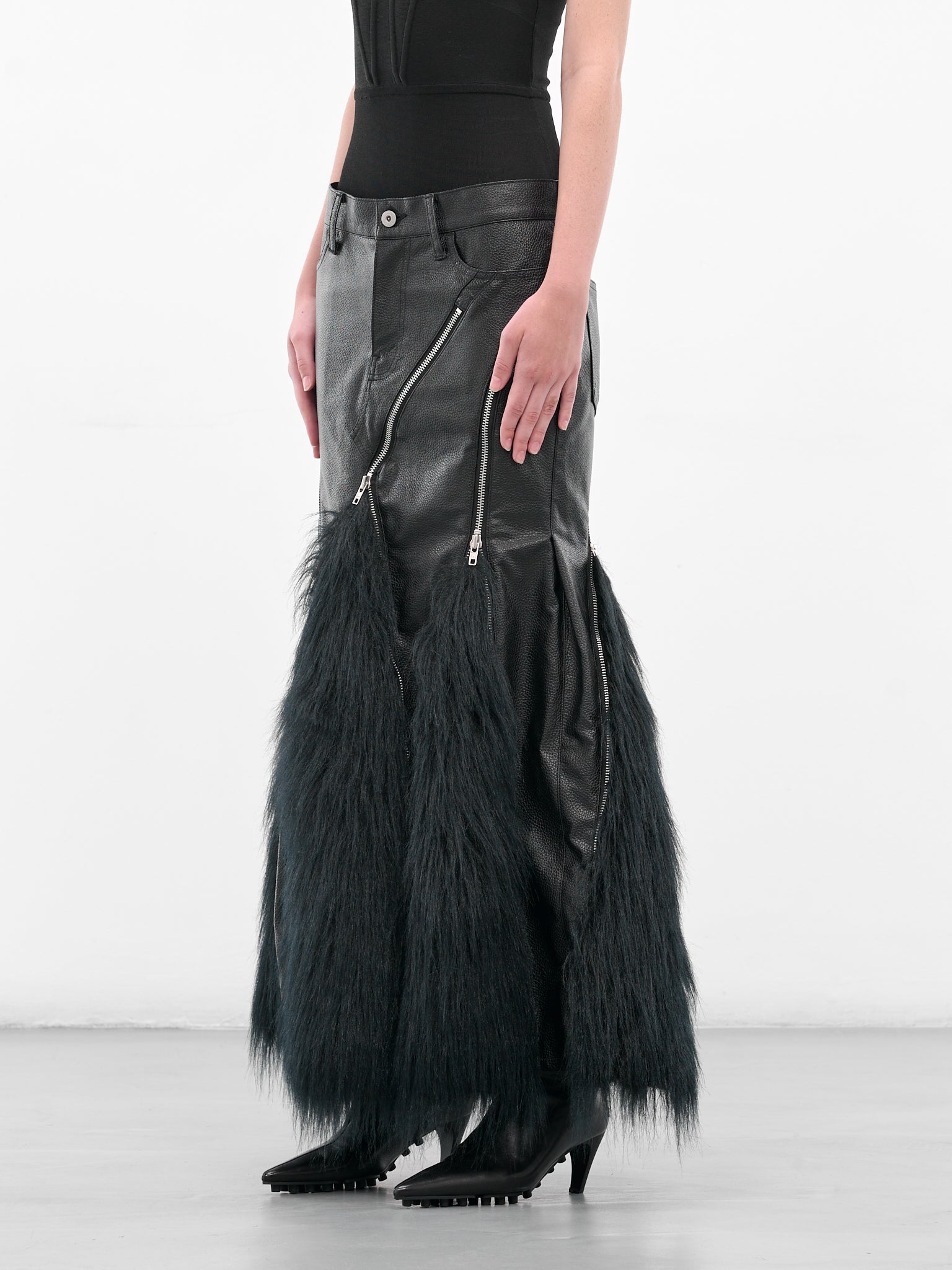 Black Leather & Fur Mermaid Skirt (JP-S003-051-1-BLACK)