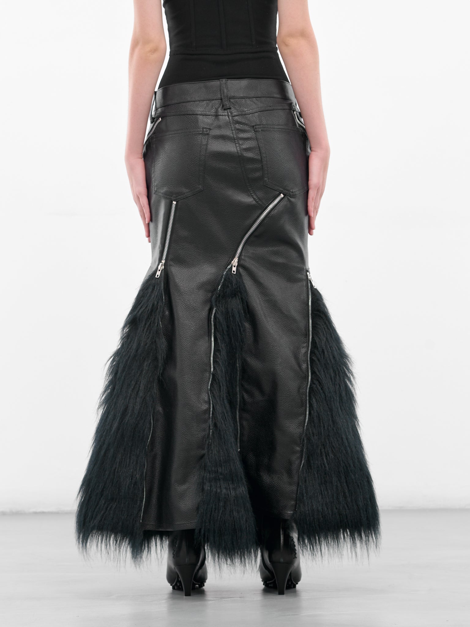 Black Leather & Fur Mermaid Skirt (JP-S003-051-1-BLACK)