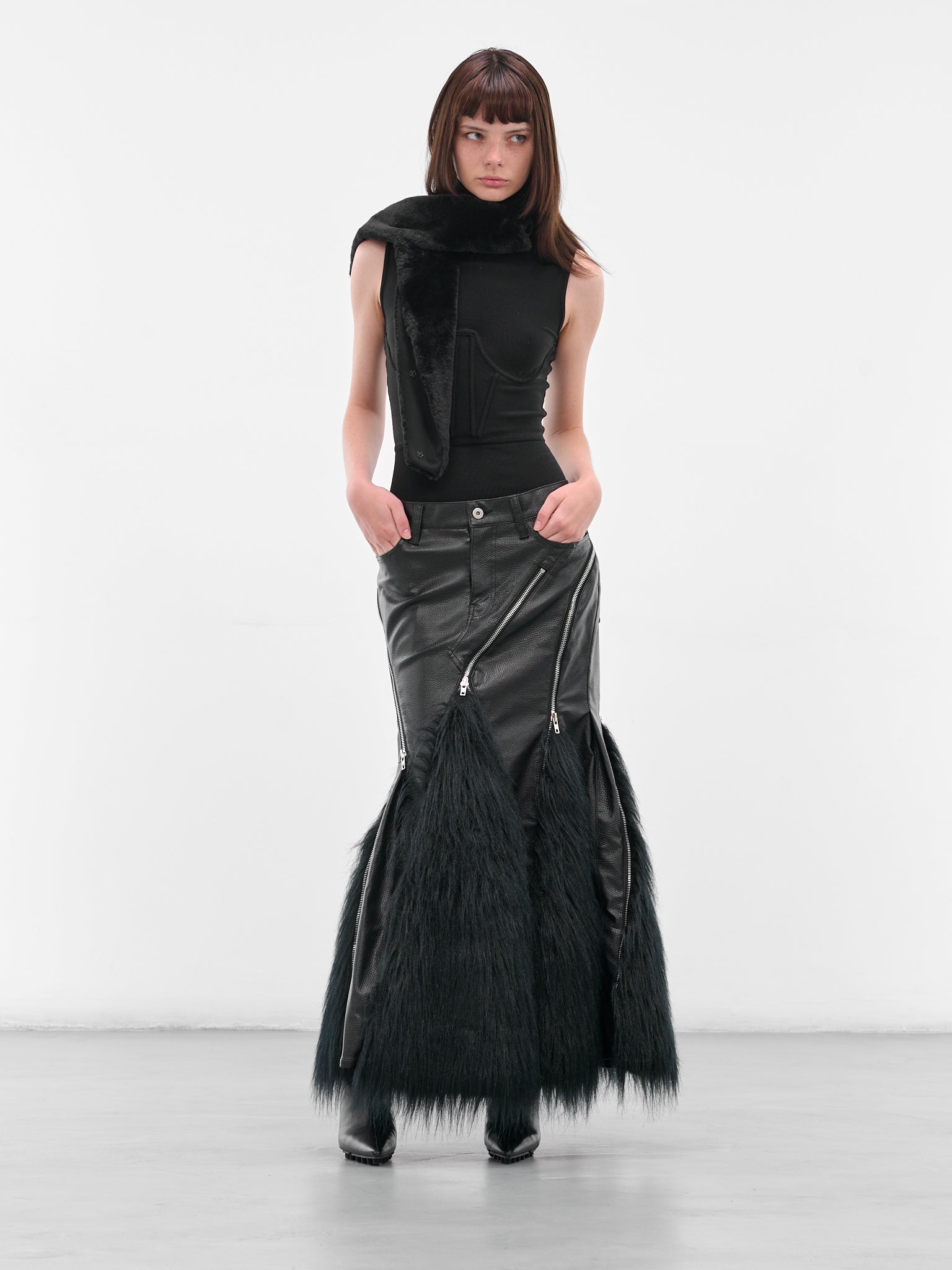 Black Leather & Fur Mermaid Skirt (JP-S003-051-1-BLACK)