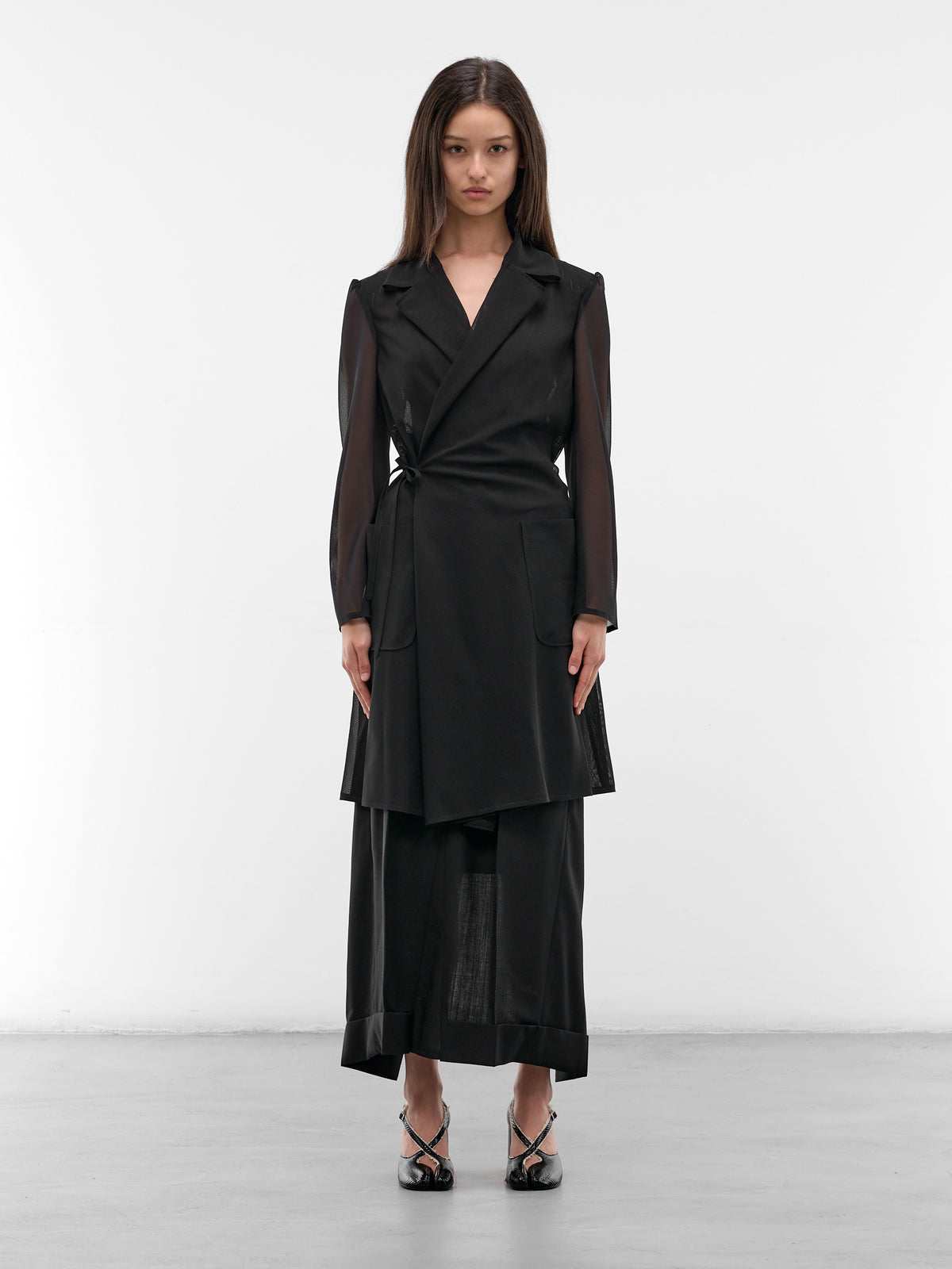 Black Sheer Paneled Wrap Coat (JQ-J021-S26-BLACK)