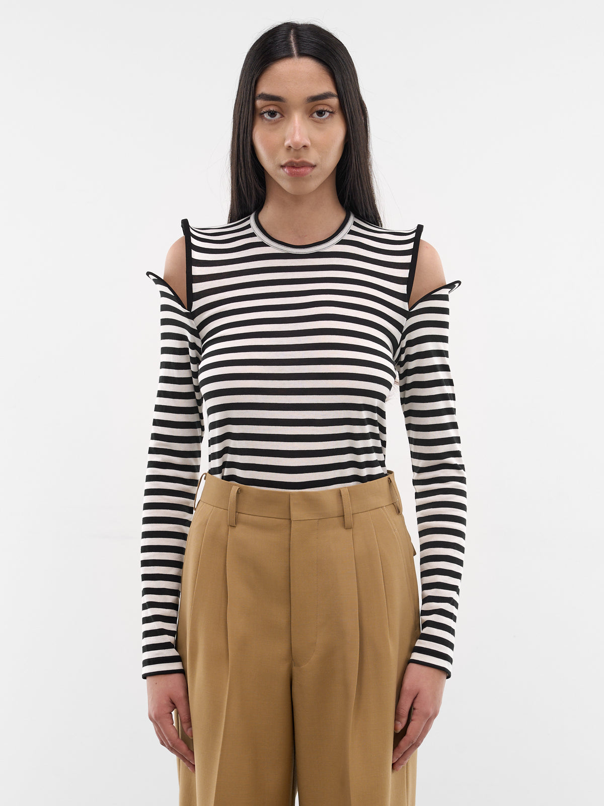 Striped Sculptural Shoulder Cut-Out Top (JQ-T022-S26-BLACK-WHITE)