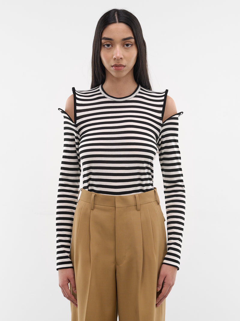 Striped Sculptural Shoulder Cut-Out Top (JQ-T022-S26-BLACK-WHITE)