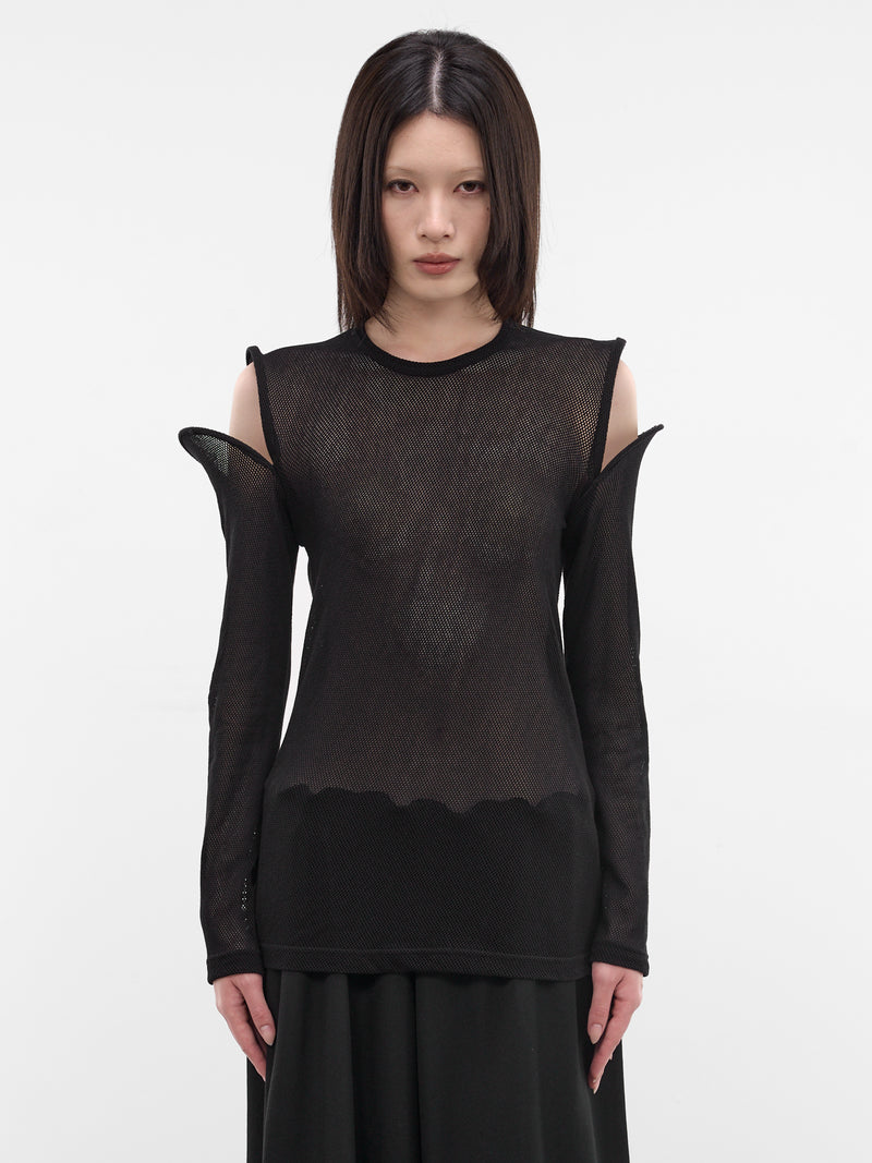 Sculptural Cut-Out Shoulders Mesh Top (JQ-T026-S26-1-BLACK)