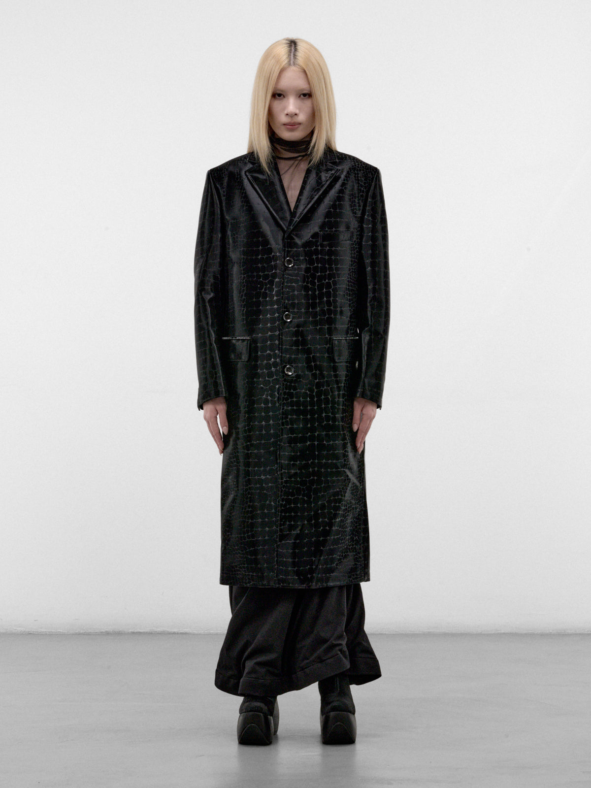 Black Croc-Embossed Long Coat (JR-C012-W26-BLACK)