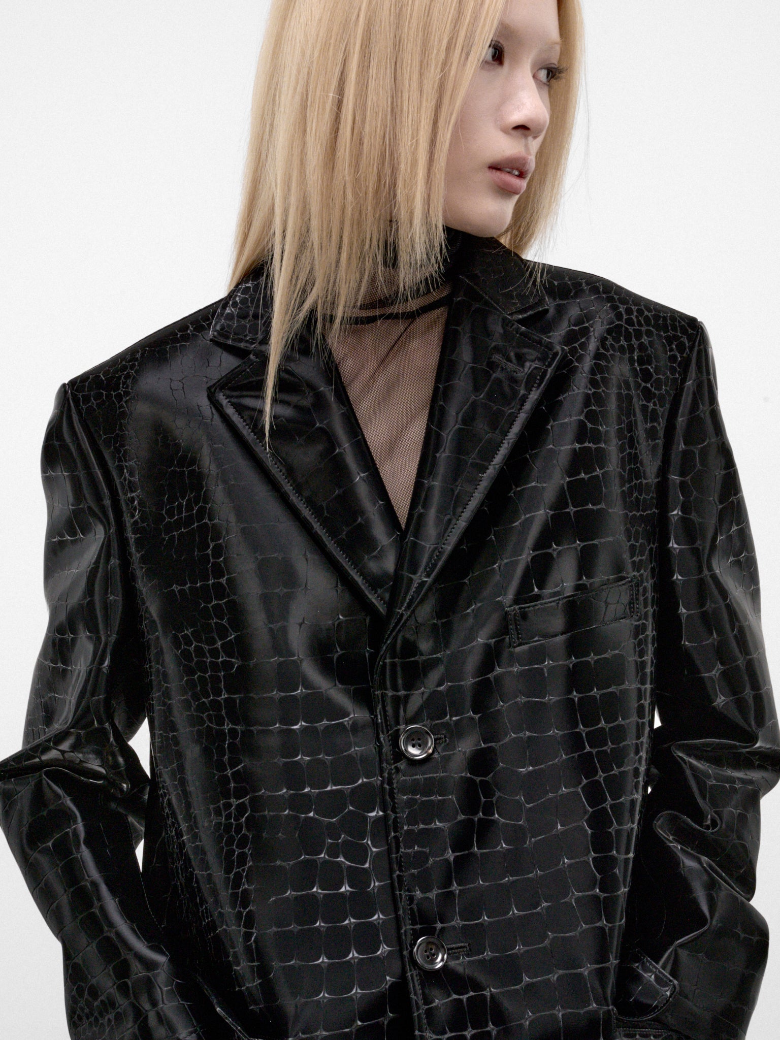 Black Croc-Embossed Long Coat (JR-C012-W26-BLACK)
