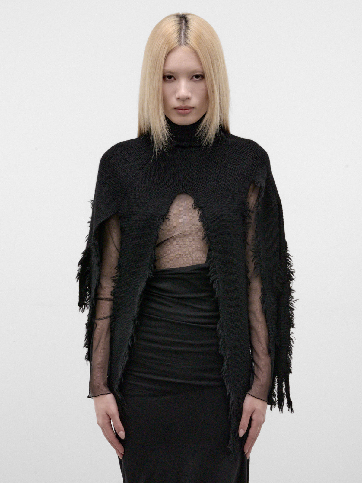 Black Distressed Cape Sweater (JR-N016-W26-BLACK)