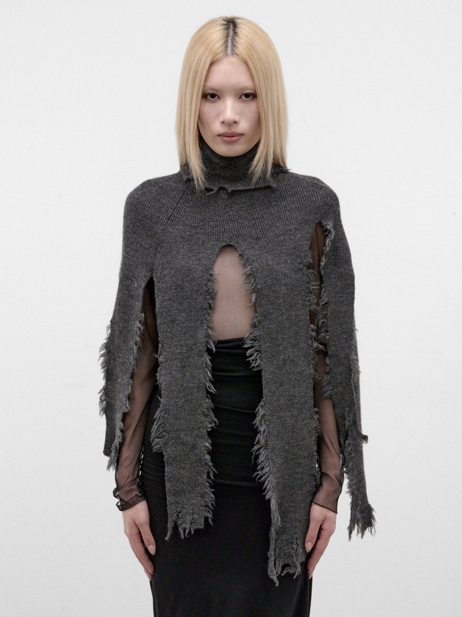 Gray Distressed Cape Sweater (JR-N016-W26-TOP-GREY)