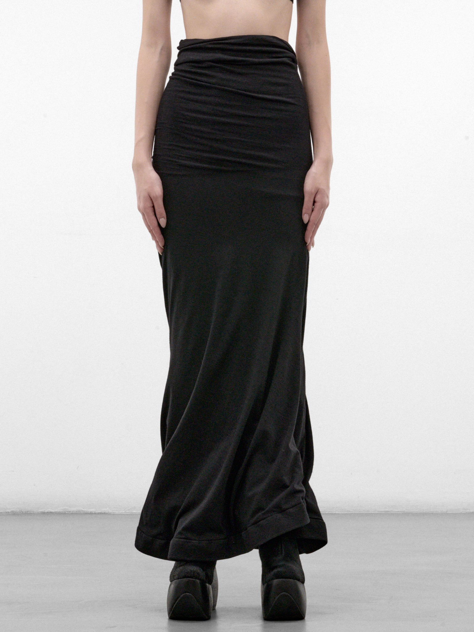 Black Wool Ruched Maxi Skirt (JR-S009-W26-BLACK)