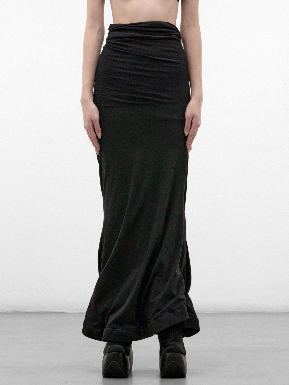Black Wool Ruched Maxi Skirt (JR-S009-W26-BLACK)