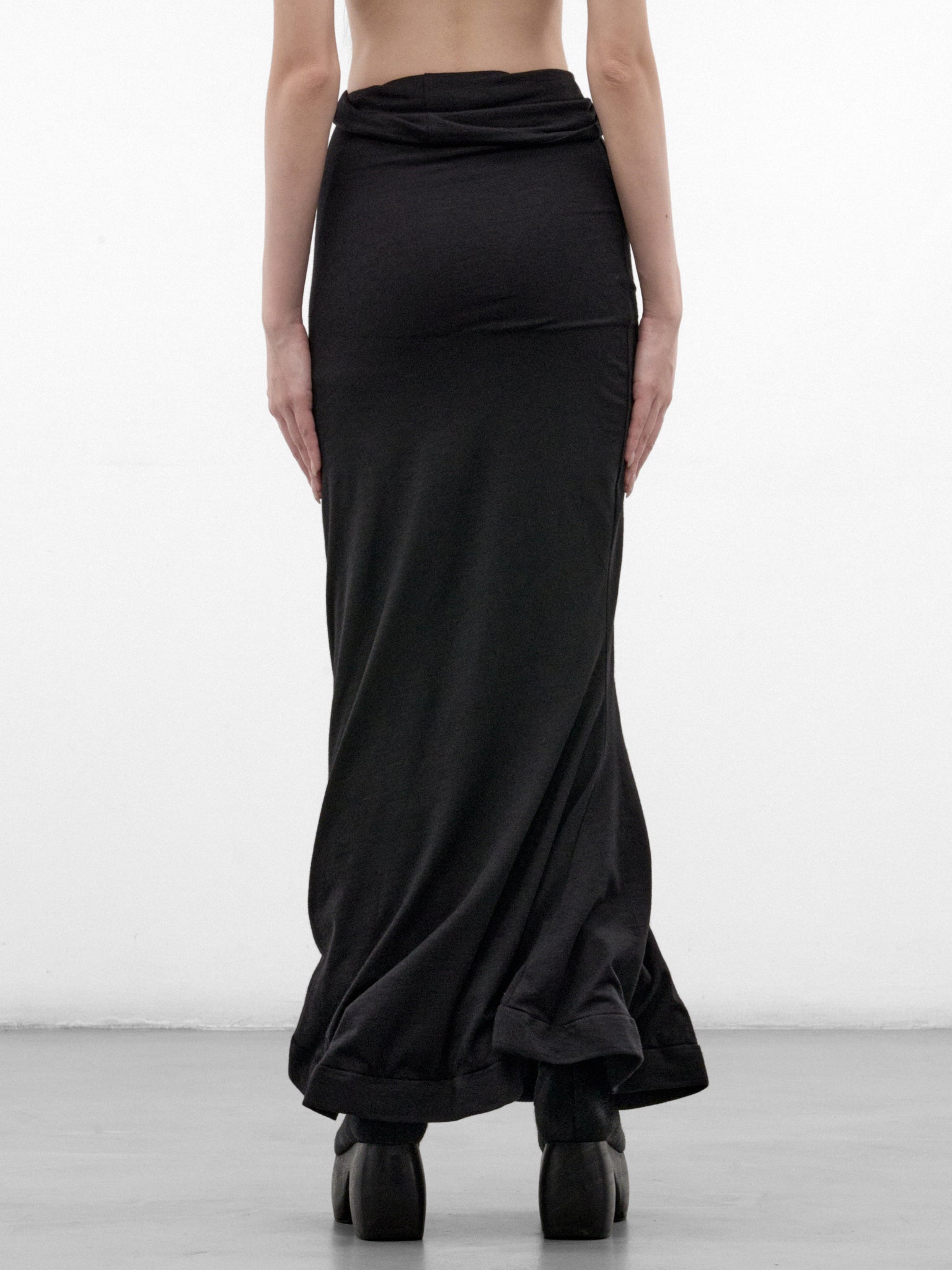 Black Wool Ruched Maxi Skirt (JR-S009-W26-BLACK)