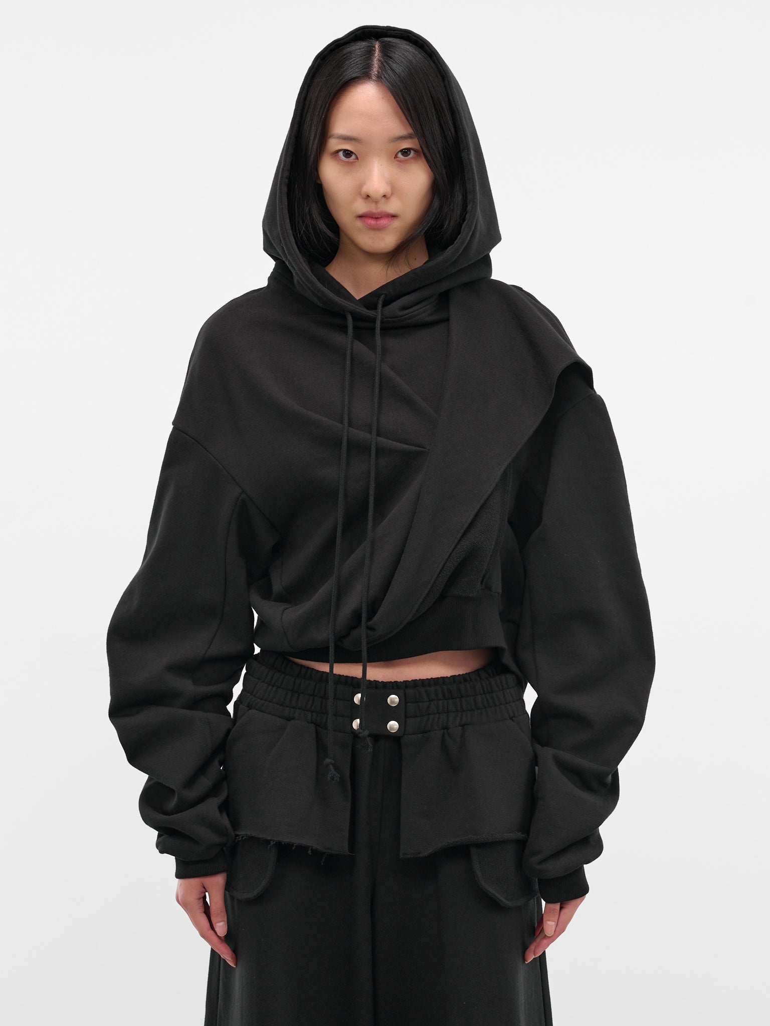 Black Oversized Draping Crop Hoodie (JS08-BLACK)