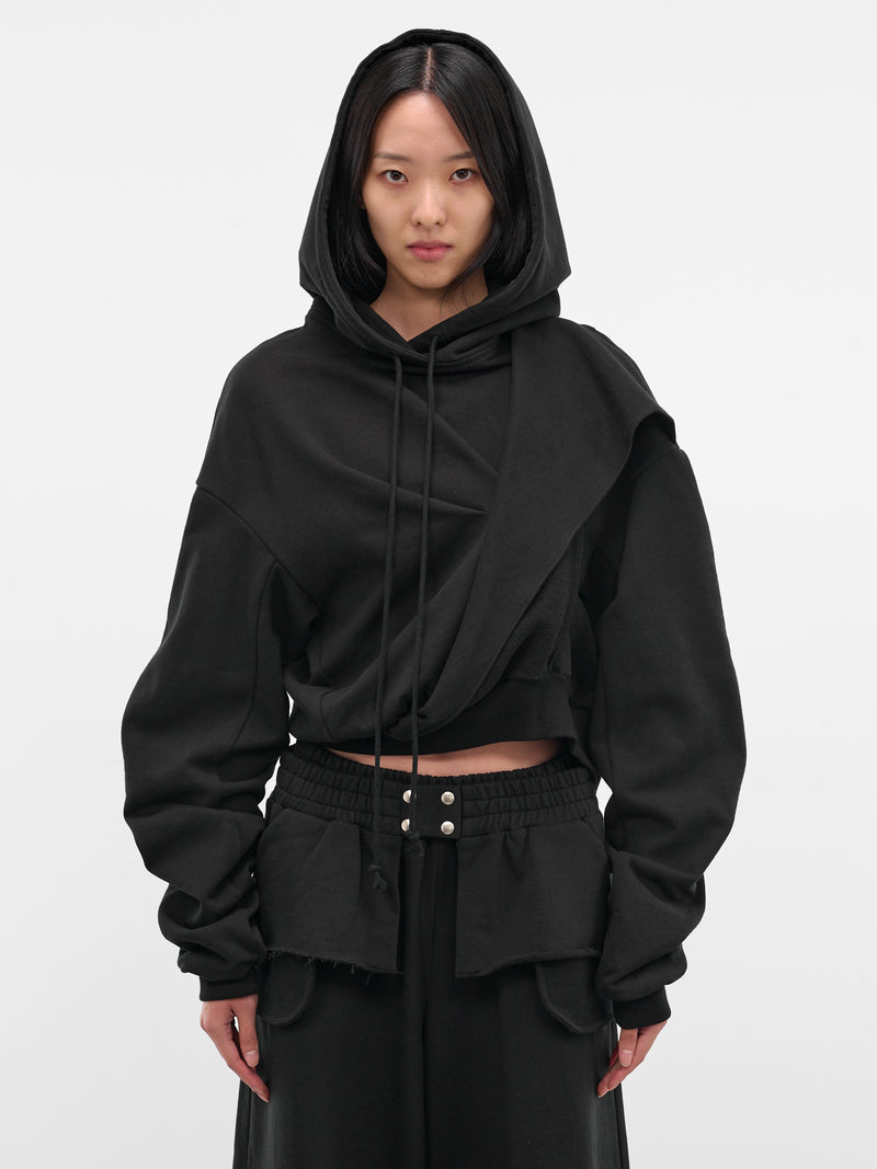 Black Oversized Draping Crop Hoodie (JS08-BLACK)