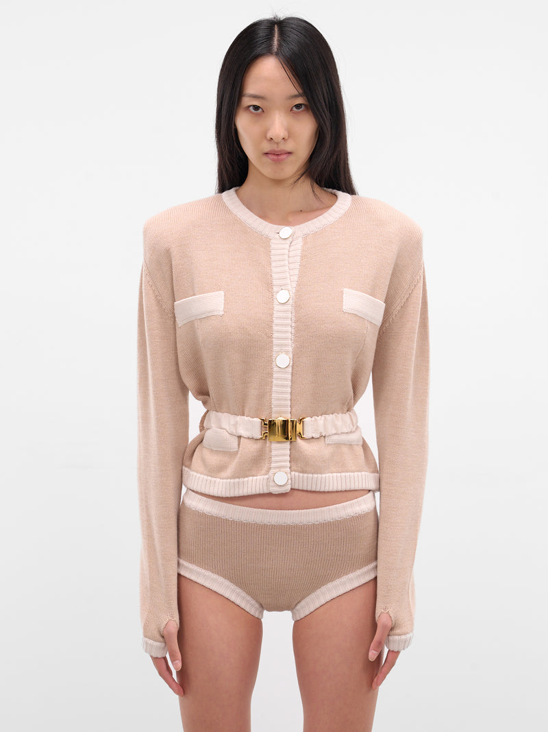 Beige Bi-Color Wool Cardigan Blazer (K050-BEIGE-WHITE)