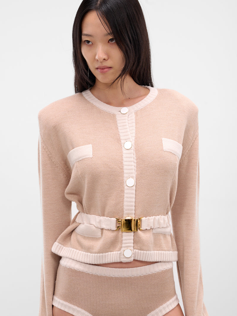 Beige Bi-Color Wool Cardigan Blazer (K050-BEIGE-WHITE)