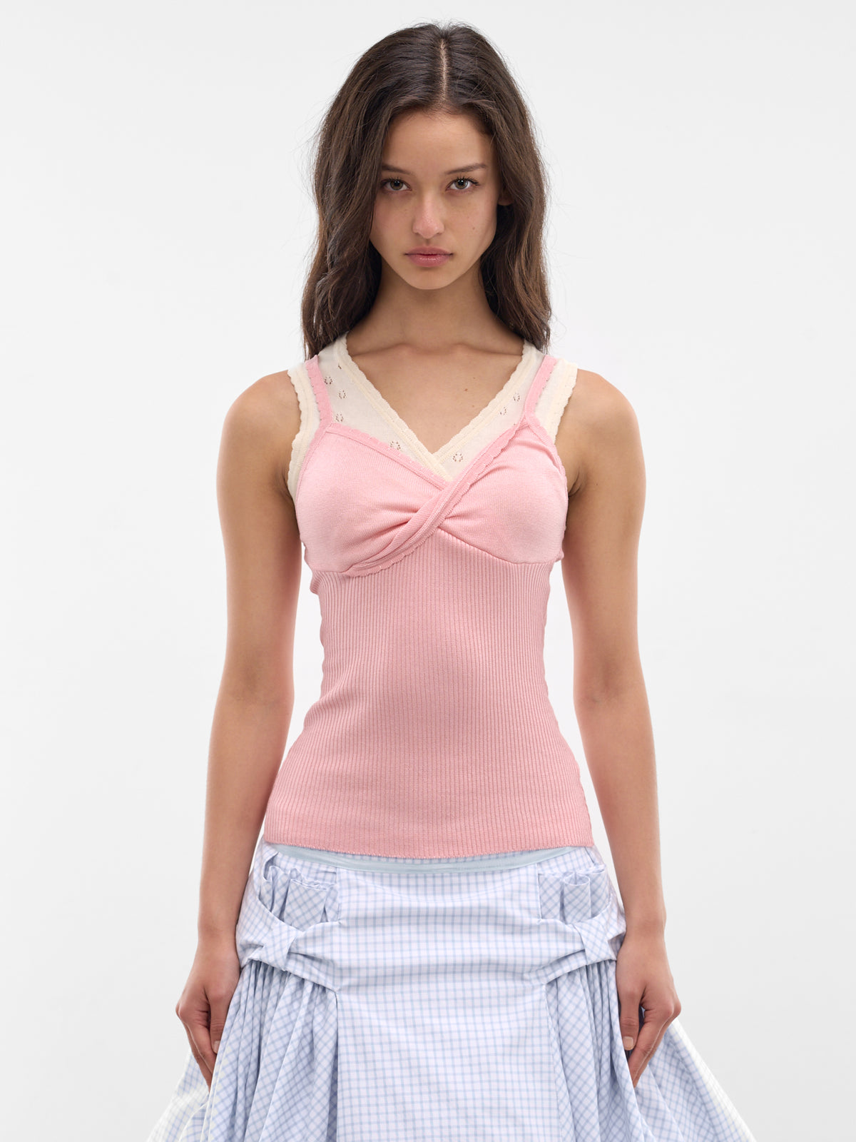 Pink Layered Double Camisole Tank (K08-PINK-CREAM)