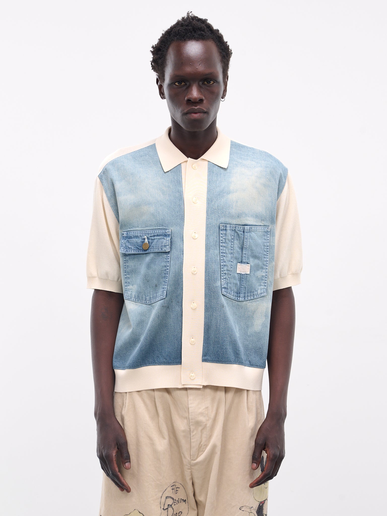 Knit & Denim Short Sleeve Cardigan (K2504KN174-NAT-NATURAL)