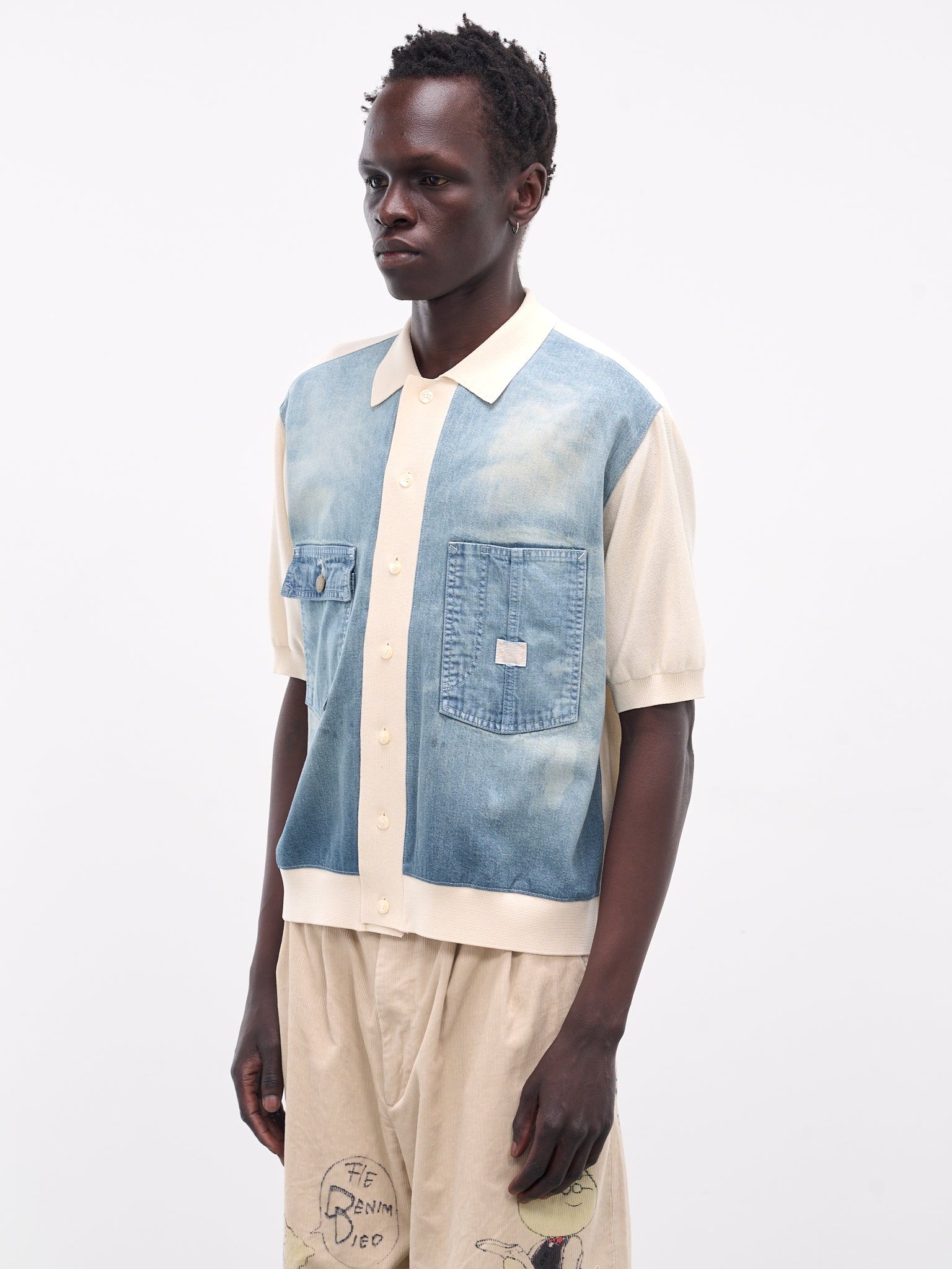 Knit & Denim Short Sleeve Cardigan (K2504KN174-NAT-NATURAL)