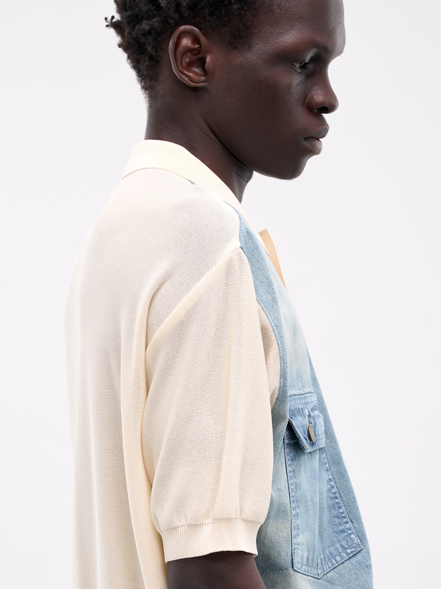 Knit & Denim Short Sleeve Cardigan (K2504KN174-NAT-NATURAL)