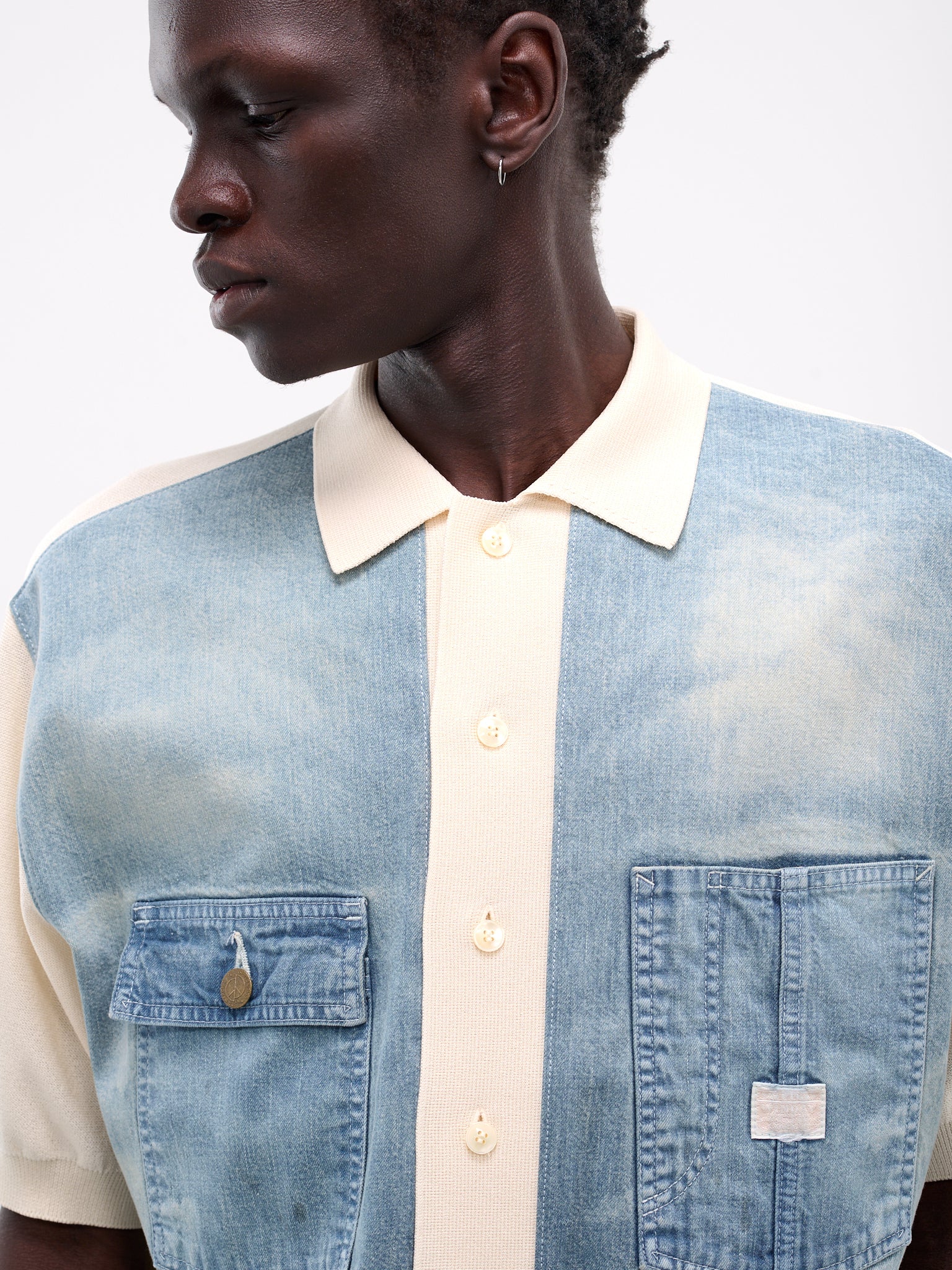 Knit & Denim Short Sleeve Cardigan (K2504KN174-NAT-NATURAL)